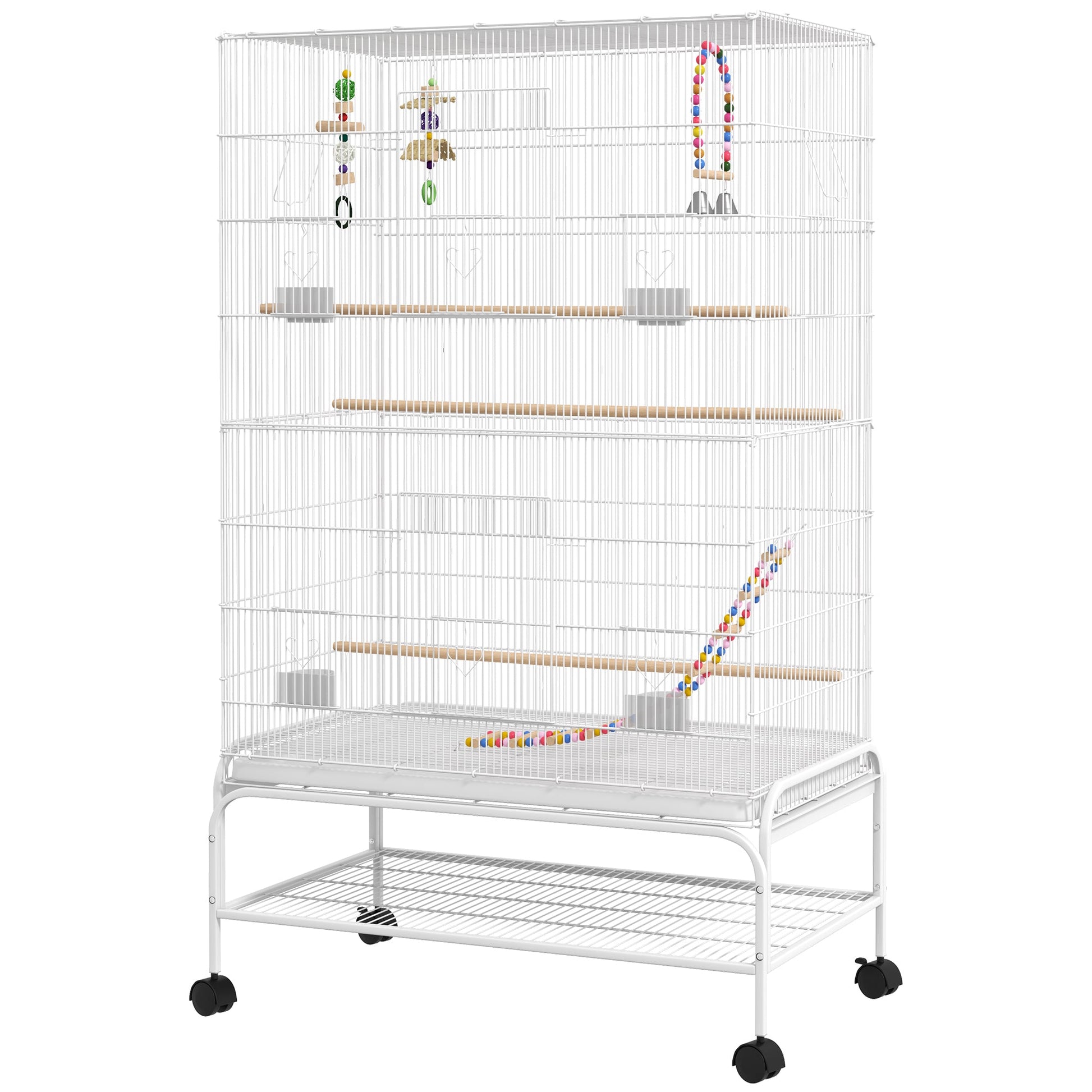 52" Bird Cage for Budgies Cockatiels Canaries Lovebirds Finches with Rolling Stand, Toys, Removable Tray, Storage Shelf, White