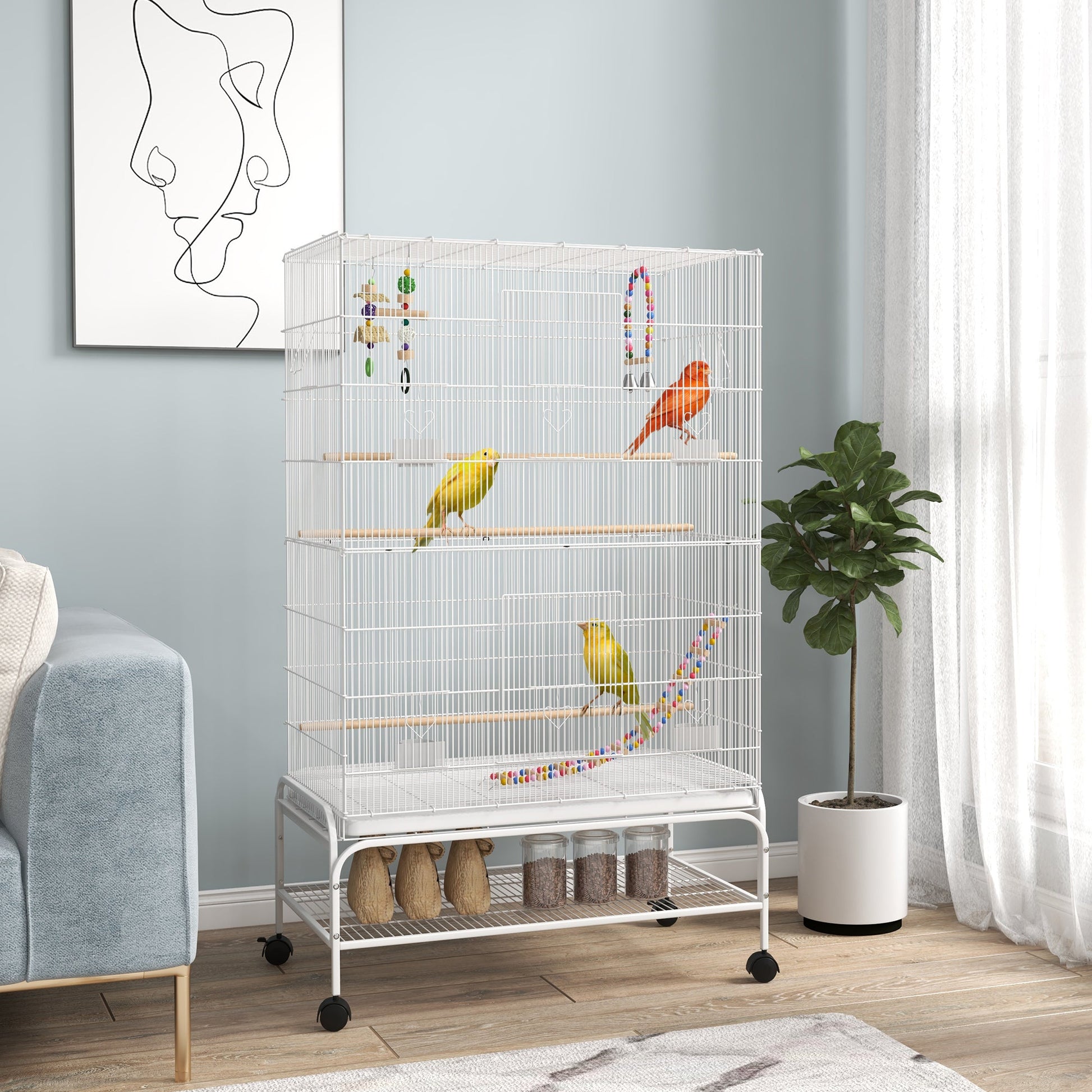 52" Bird Cage for Budgies Cockatiels Canaries Lovebirds Finches with Rolling Stand, Toys, Removable Tray, Storage Shelf, White