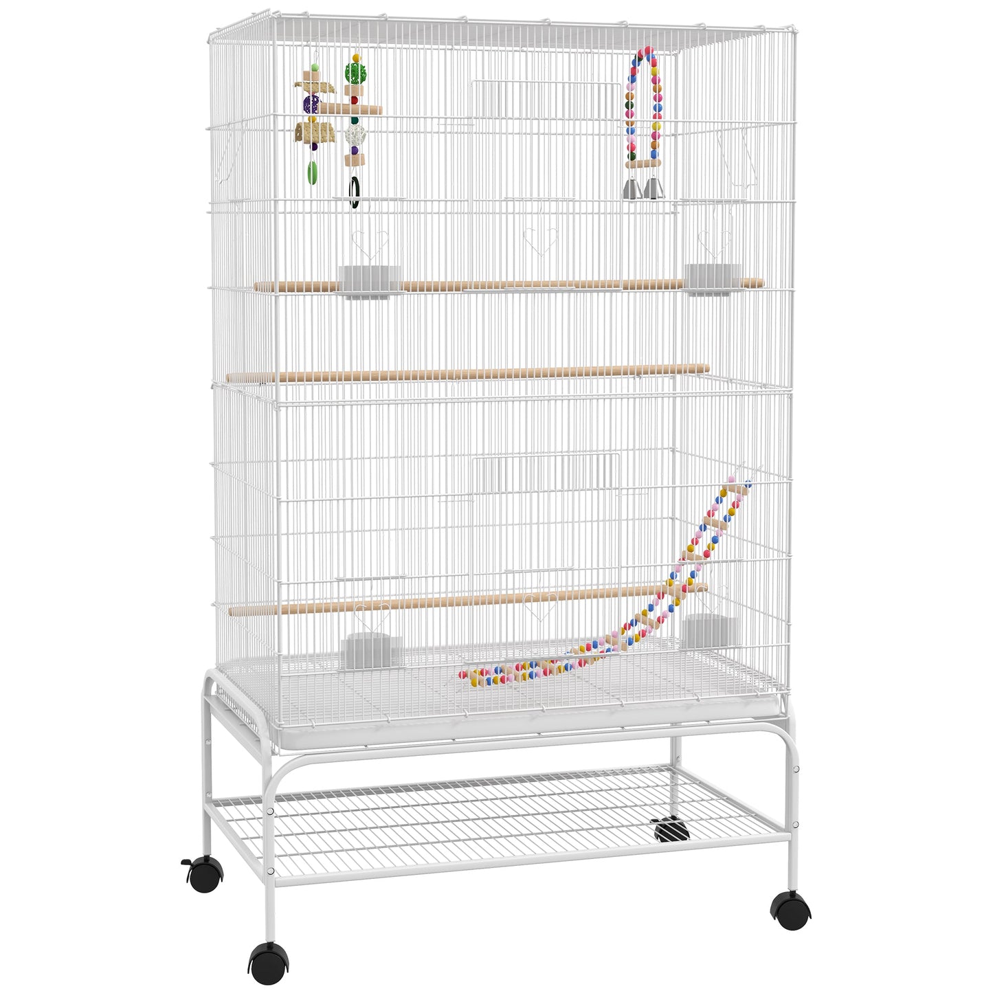 52" Bird Cage for Budgies Cockatiels Canaries Lovebirds Finches with Rolling Stand, Toys, Removable Tray, Storage Shelf, White