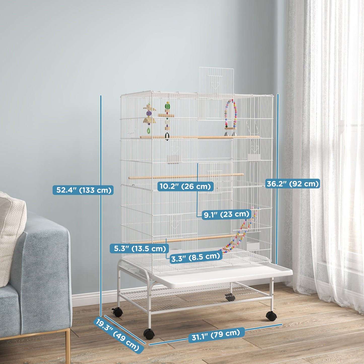 52" Bird Cage for Budgies Cockatiels Canaries Lovebirds Finches with Rolling Stand, Toys, Removable Tray, Storage Shelf, White