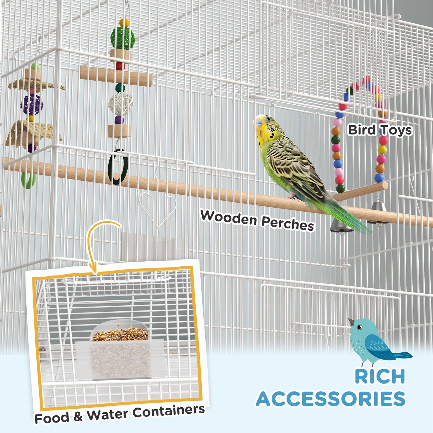 52" Bird Cage for Budgies Cockatiels Canaries Lovebirds Finches with Rolling Stand, Toys, Removable Tray, Storage Shelf, White