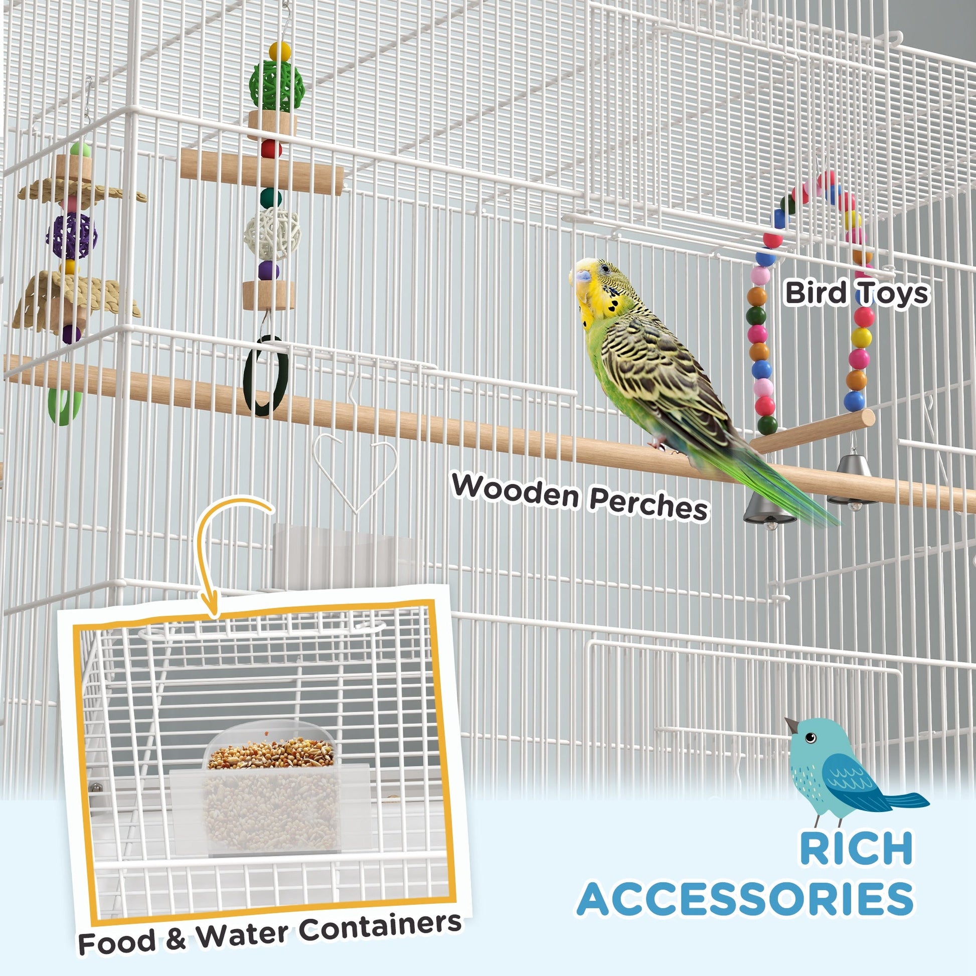 52" Bird Cage for Budgies Cockatiels Canaries Lovebirds Finches with Rolling Stand, Toys, Removable Tray, Storage Shelf, White