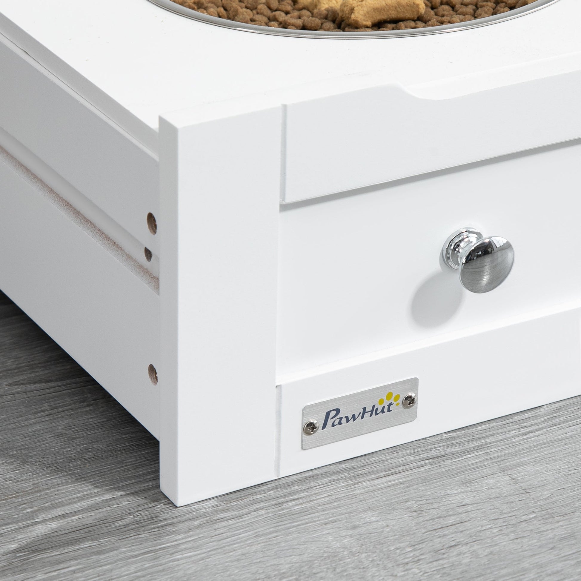 Cat Dog Feeding Station, Dog Food Storage Cabinet, Pet Feeder Container with Raised Bowls and Hanger for Feeding & Watering Supplies, White