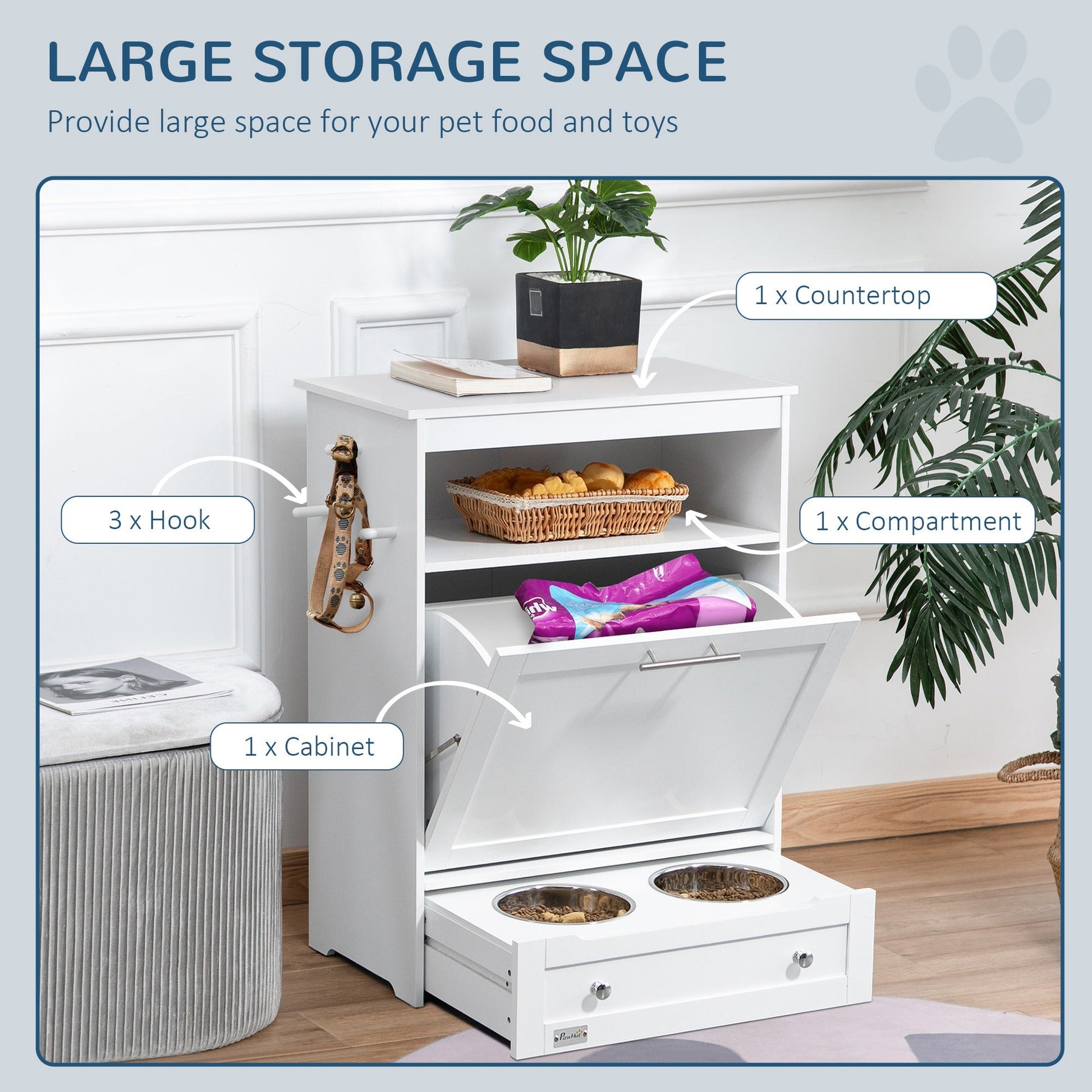 Cat Dog Feeding Station, Dog Food Storage Cabinet, Pet Feeder Container with Raised Bowls and Hanger for Feeding & Watering Supplies, White
