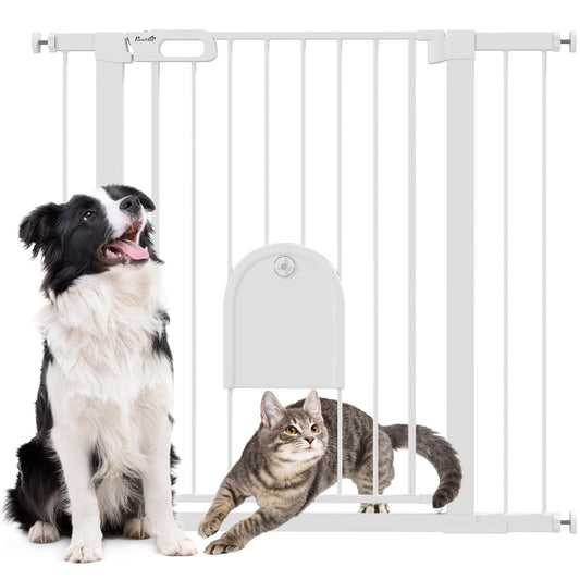 30"-41" Extra Wide Pet Gate with Small Door, 35"H Dog Gate with Safety Gate Barrier, Stair Pressure Fit, Auto Close, Double Locking, for Doorways, Hallways, White
