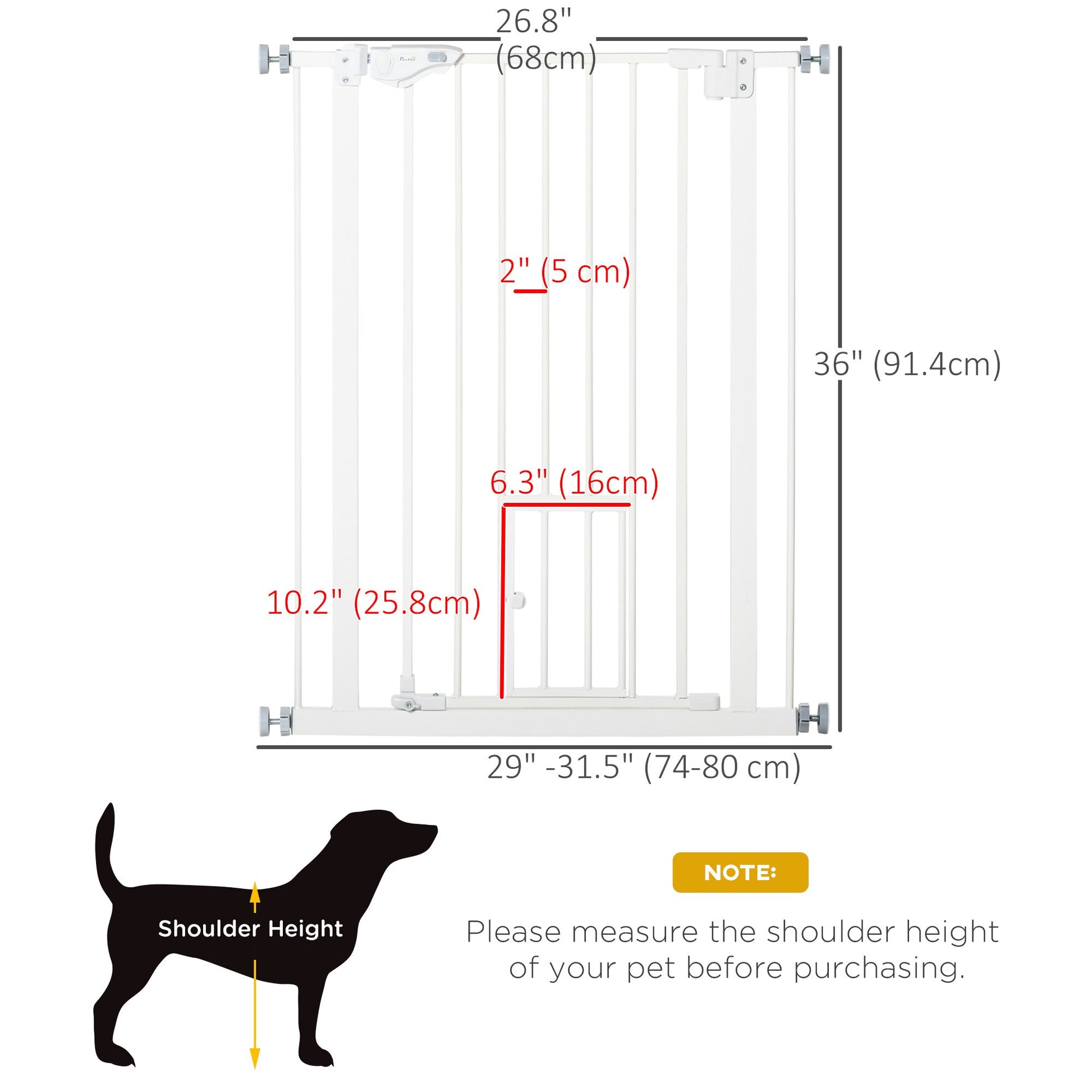 36"H Dog Gate with Cat Door, Pet Gate with Small Door, Easy Open Indoor Dog Gates for Doorways, House, Stair, 29"-31.5" Long, White