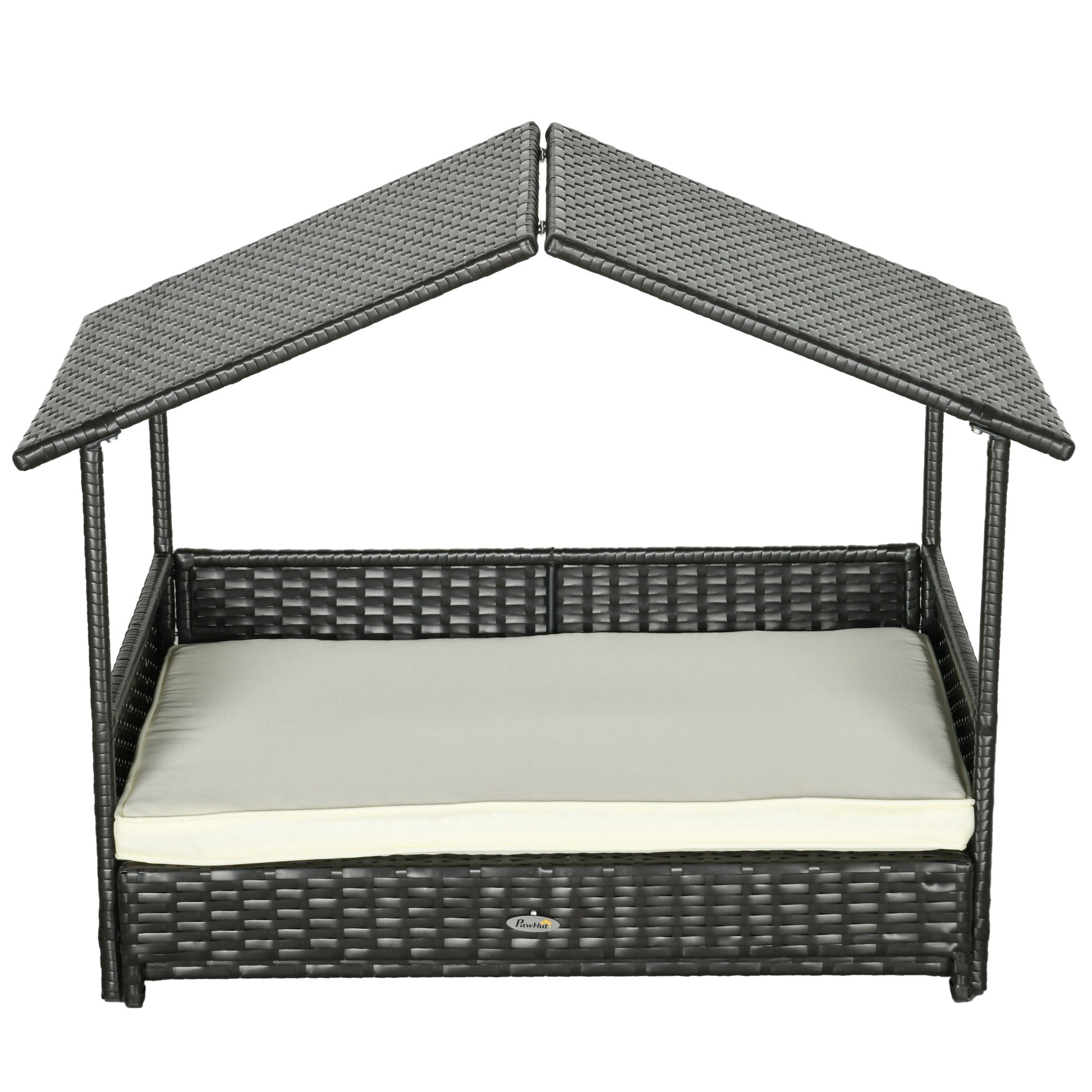 Elevated Rattan Dog House Outdoor with Canopy, Extendable Wicker Dog Bed with Water-Resistant Cushion, for Small and Medium Dogs Cream White
