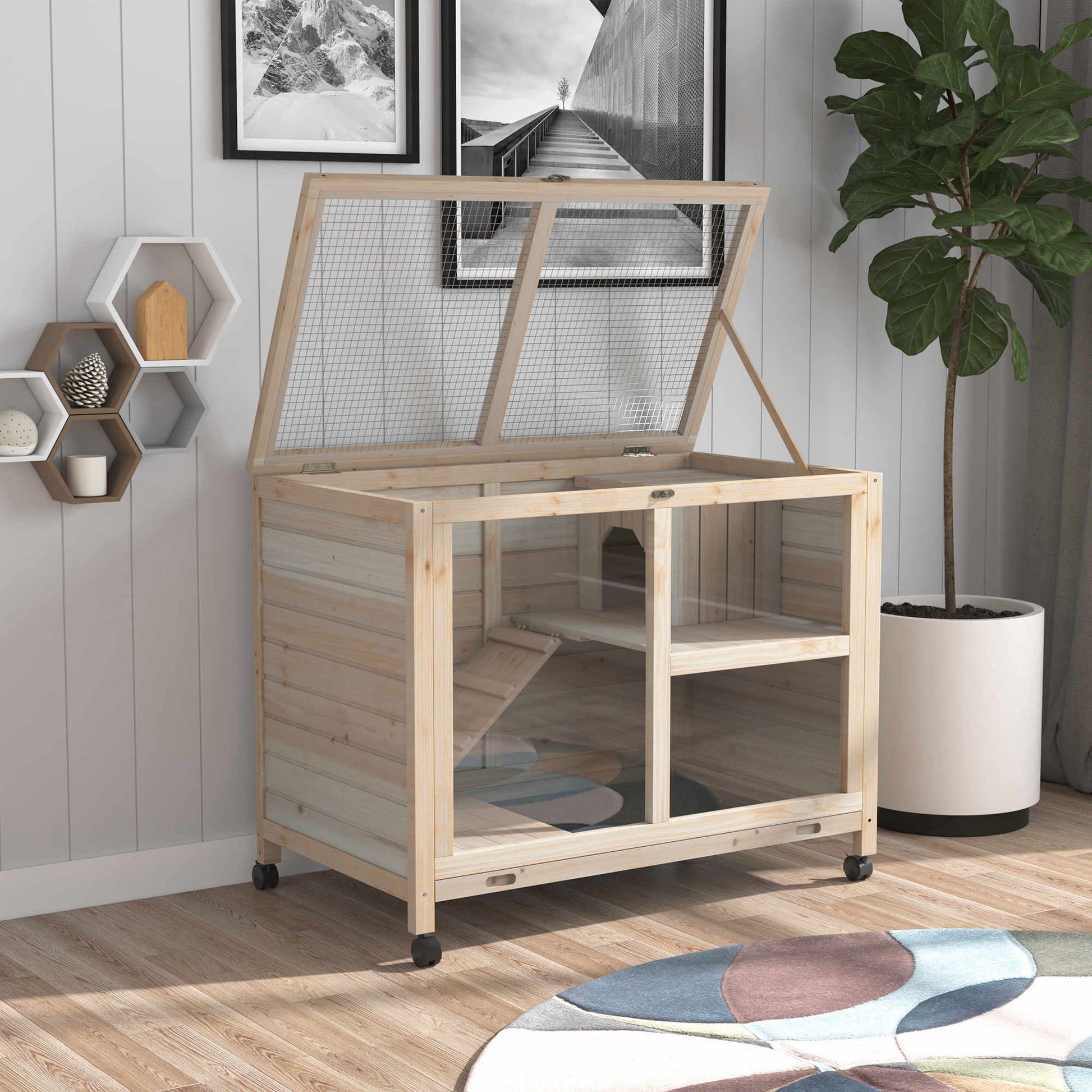 Indoor Rabbit Hutch with Wheels, Bunny Cage Guinea Pig House Small Animals Habitat W/ Top Access, Ramp, Pull Out Tray, Natural Wood