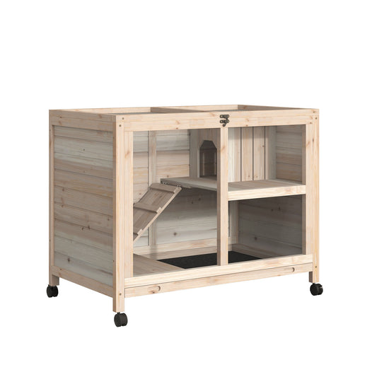 Indoor Rabbit Hutch with Wheels, Bunny Cage Guinea Pig House Small Animals Habitat W/ Top Access, Ramp, Pull Out Tray, Natural Wood