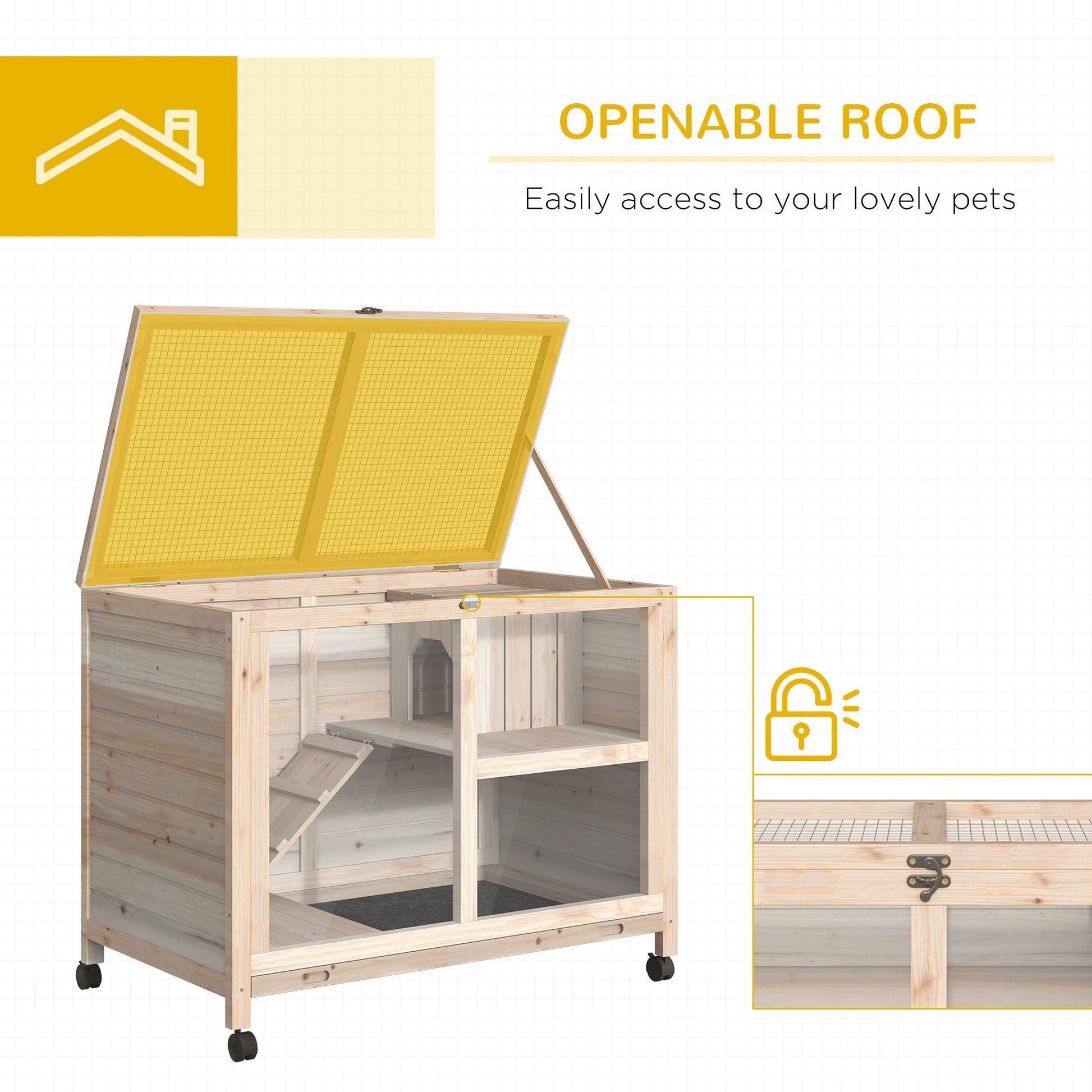 Indoor Rabbit Hutch with Wheels, Bunny Cage Guinea Pig House Small Animals Habitat W/ Top Access, Ramp, Pull Out Tray, Natural Wood