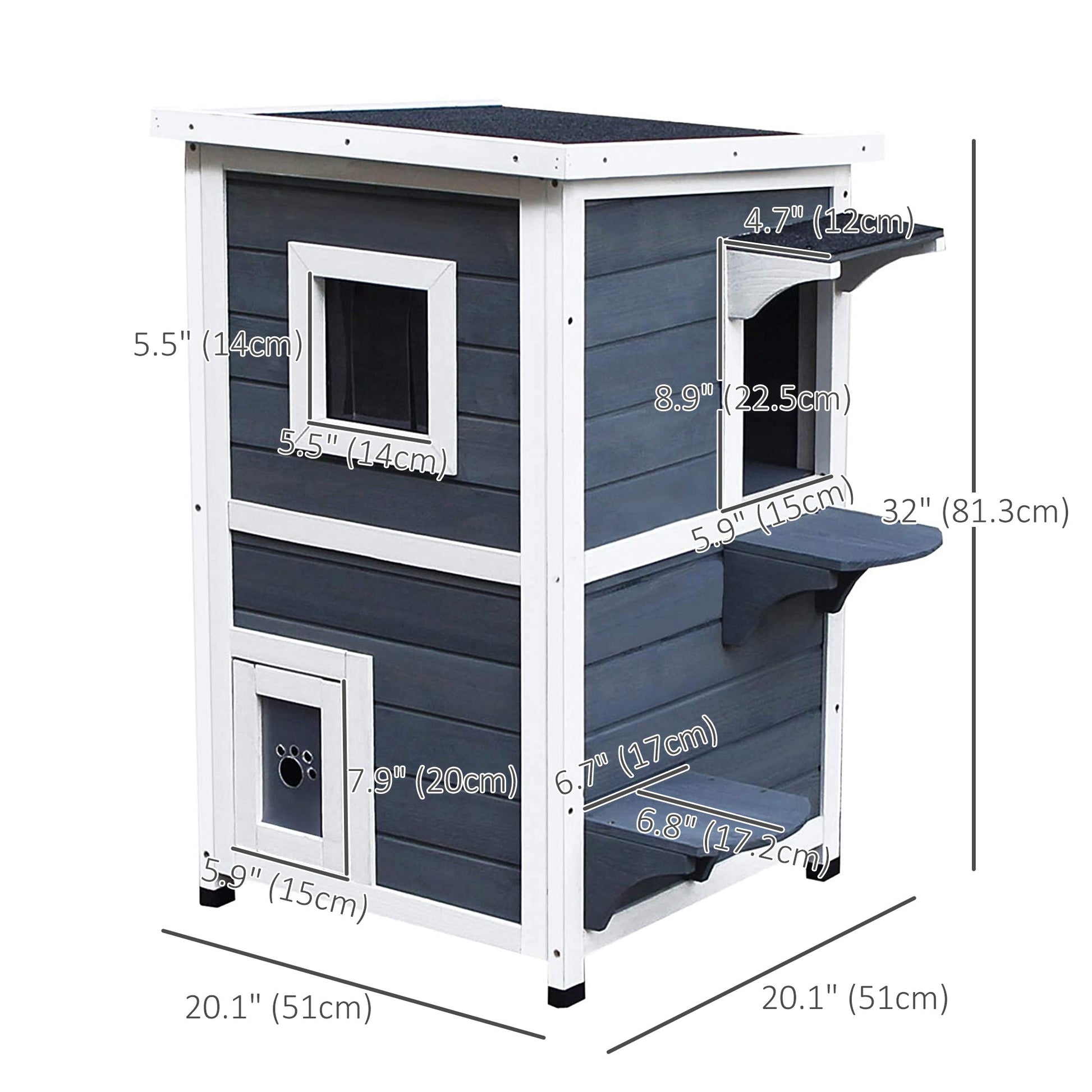 2 Story Outdoor Cat House, Outdoor Cat Enclosure Wooden Cat Shelter with Windows, Platforms, Openable Top, Asphalt Roof, Grey