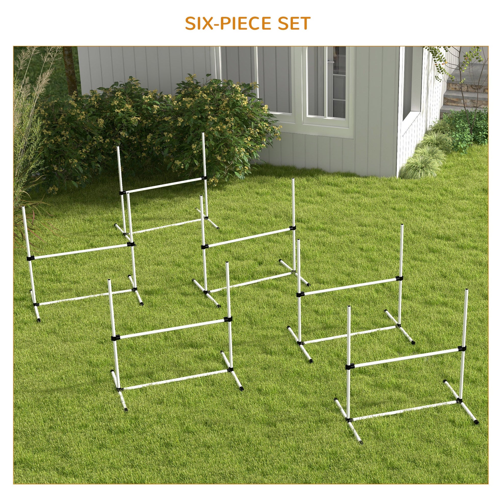 Large Size Dog Agility Training Equipment 6KG Net Wight, 6 PCS Adjustable Height Jump Bars, Obstacle Course Starter Kit for Large Medium Small Dog Puppy, White