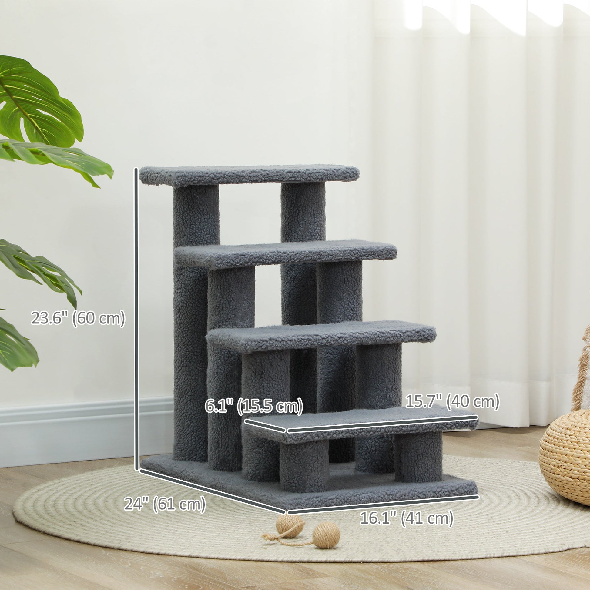 4-Step Multi-Level Carpeted Cat Scratching Post Pet Stairs, Grey