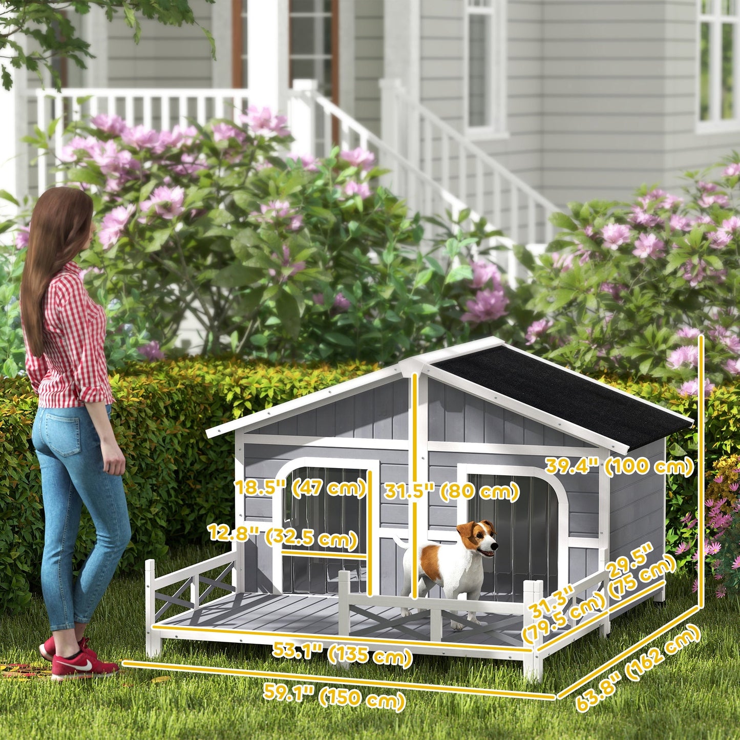 Dog House Outdoor, Extra Large Luxury Elevated Pet Bed for 2 Small Medium Dogs, Waterproof Dog Shelter with Porch Deck, 59" x 64" x 39", Grey