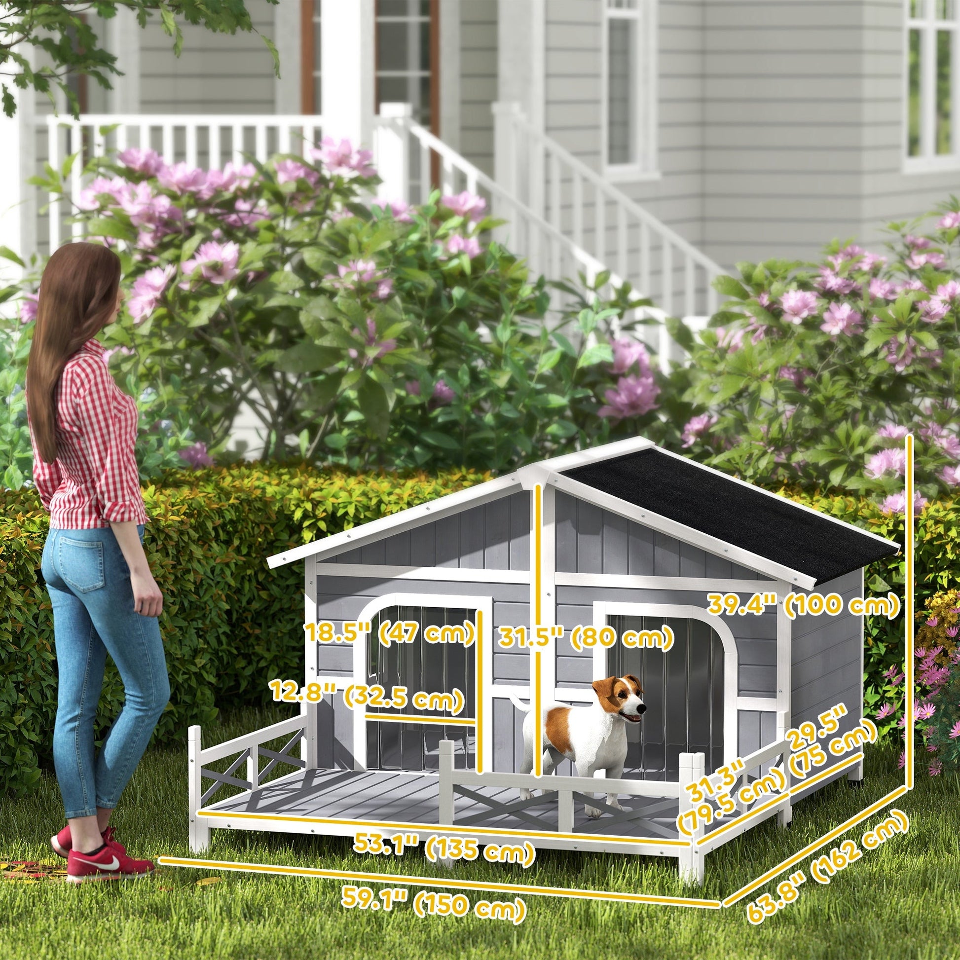 Dog House Outdoor, Extra Large Luxury Elevated Pet Bed for 2 Small Medium Dogs, Waterproof Dog Shelter with Porch Deck, 59" x 64" x 39", Grey