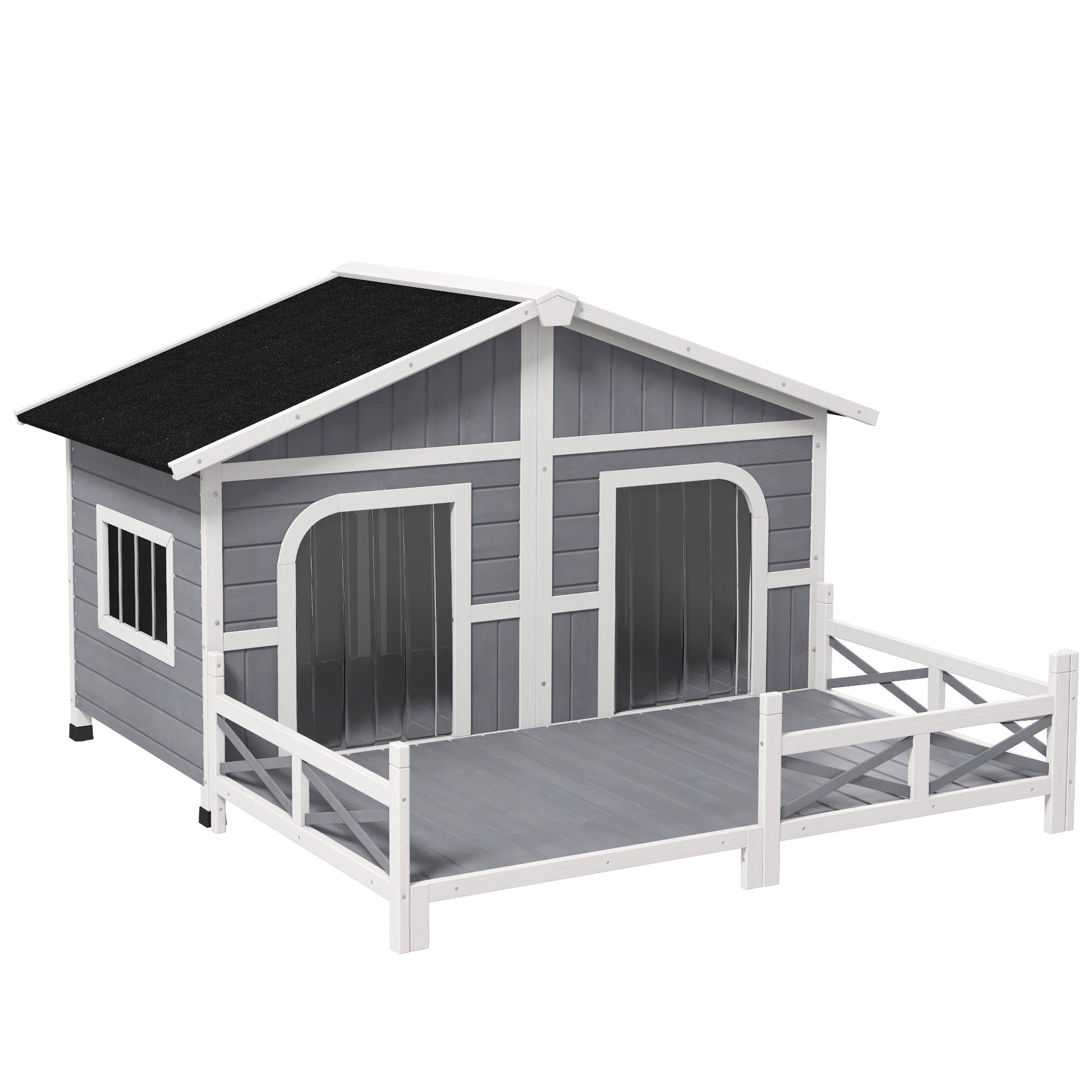 Dog House Outdoor, Extra Large Luxury Elevated Pet Bed for 2 Small Medium Dogs, Waterproof Dog Shelter with Porch Deck, 59" x 64" x 39", Grey