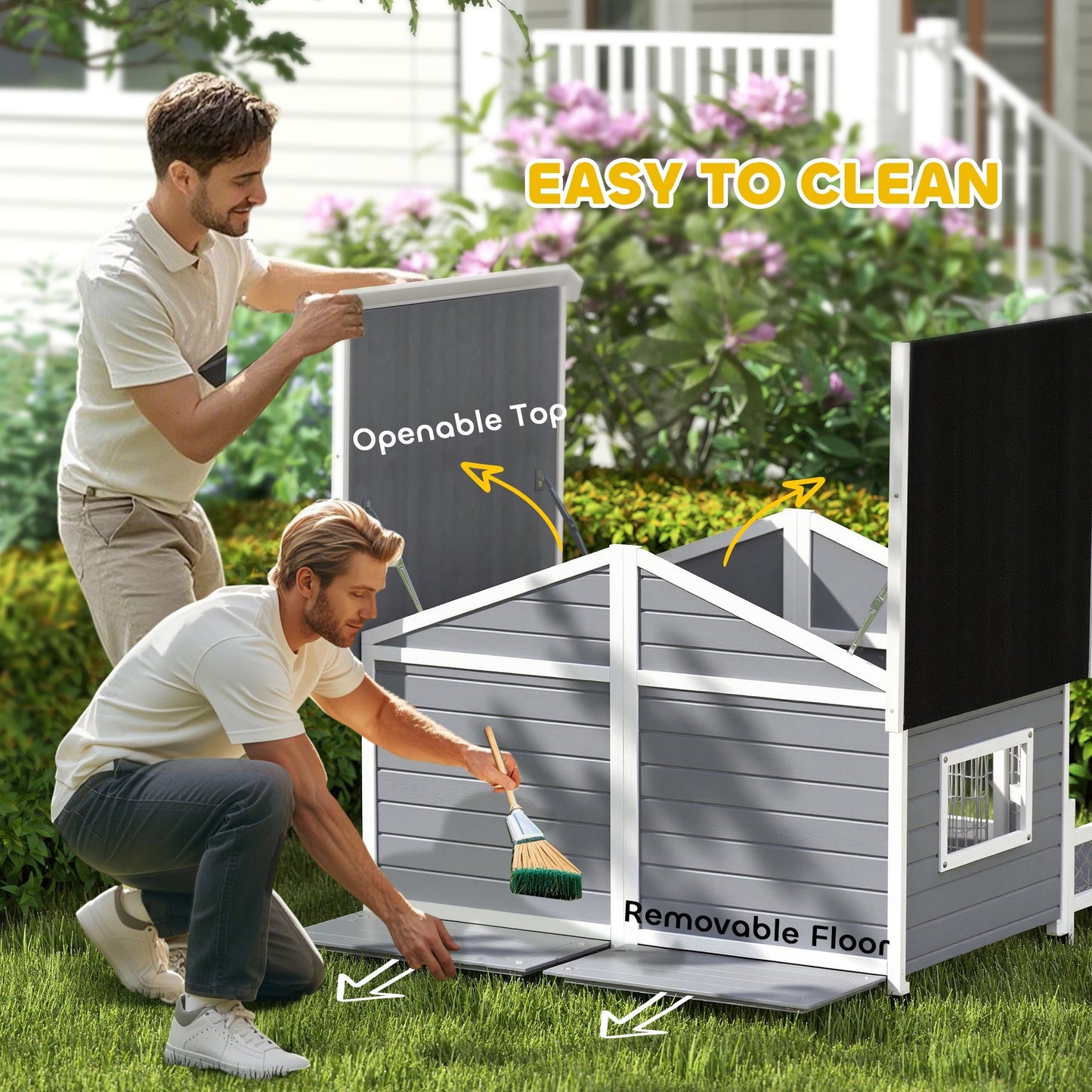Dog House Outdoor, Extra Large Luxury Elevated Pet Bed for 2 Small Medium Dogs, Waterproof Dog Shelter with Porch Deck, 59" x 64" x 39", Grey