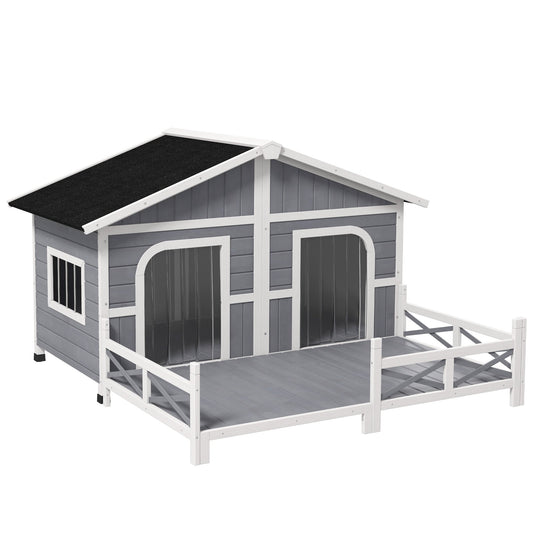 Dog House Outdoor, Extra Large Luxury Elevated Pet Bed for 2 Small Medium Dogs, Waterproof Dog Shelter with Porch Deck, 59" x 64" x 39", Grey