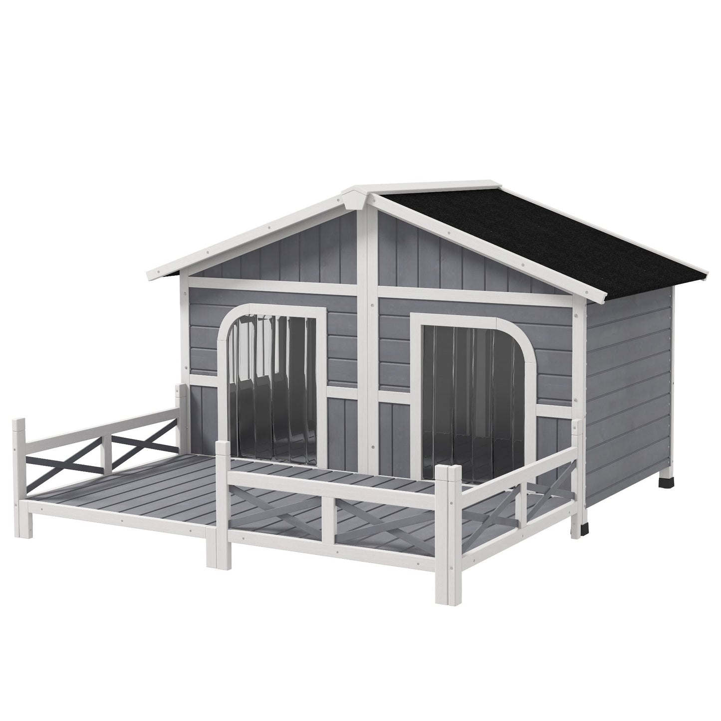Dog House Outdoor, Extra Large Luxury Elevated Pet Bed for 2 Small Medium Dogs, Waterproof Dog Shelter with Porch Deck, 59" x 64" x 39", Grey