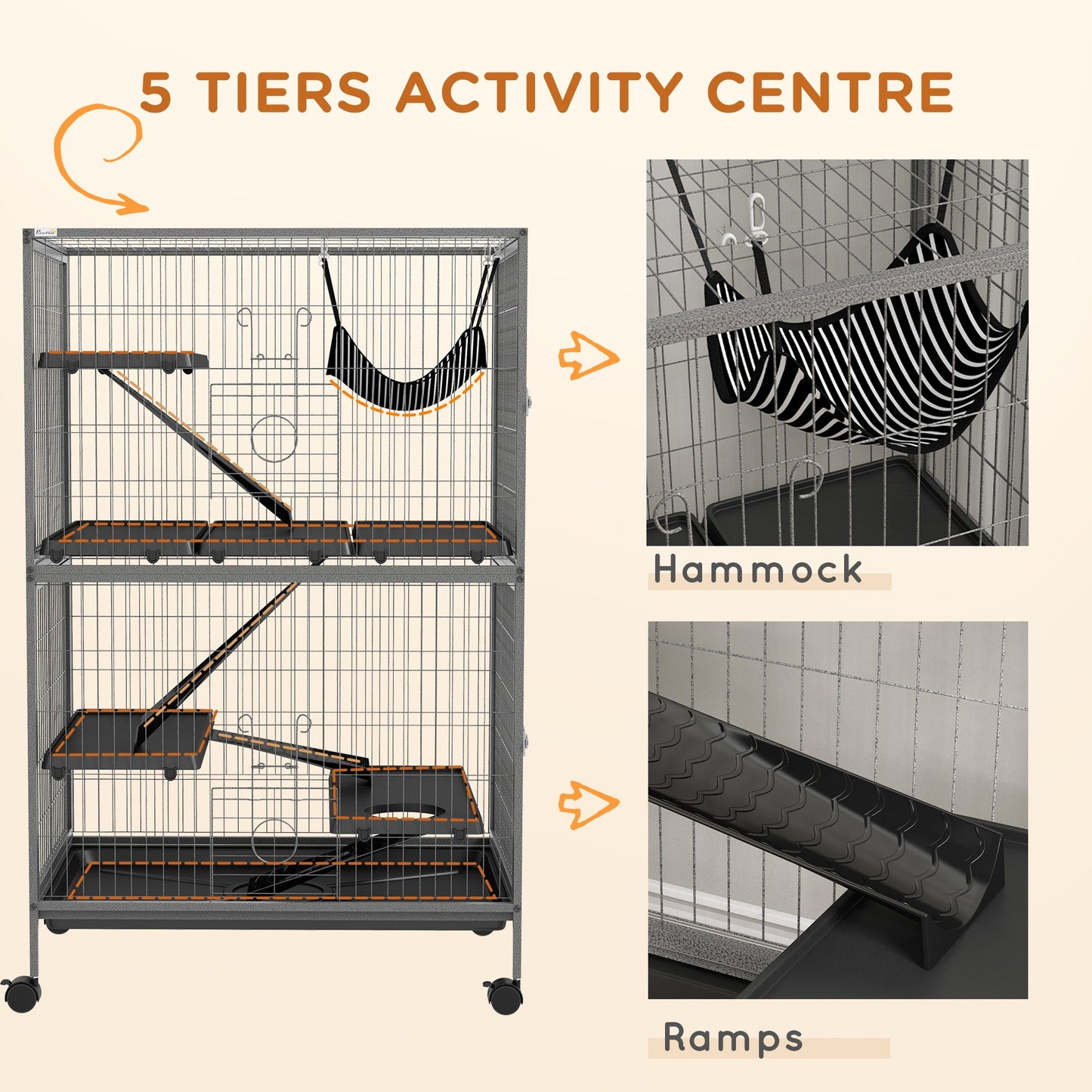 5-Tier Rolling Small Animal Cage, Deluxe Guinea Pig Cage, Ferret Cage for Mink Chinchilla Kitten Rabbit, Small Pet Play House with Hammock Platform, Ramp, Tray, Grey