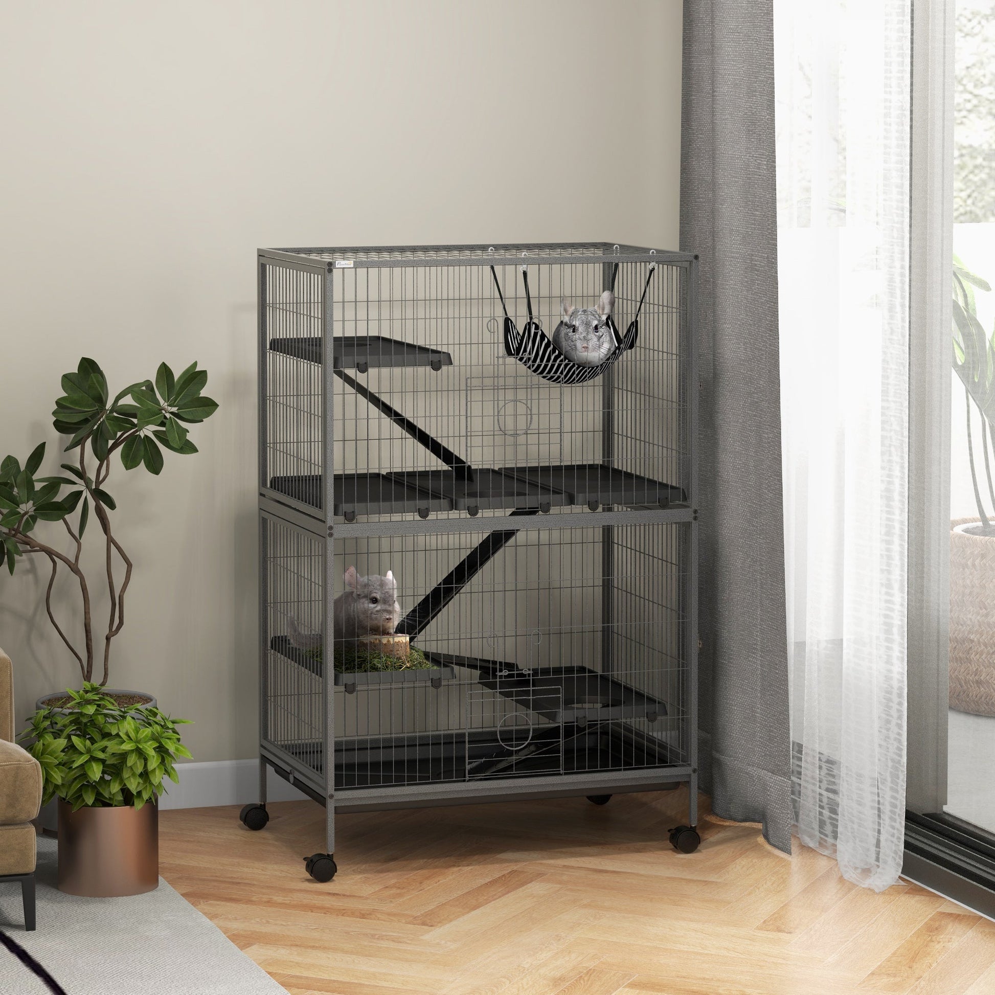 5-Tier Rolling Small Animal Cage, Deluxe Guinea Pig Cage, Ferret Cage for Mink Chinchilla Kitten Rabbit, Small Pet Play House with Hammock Platform, Ramp, Tray, Grey