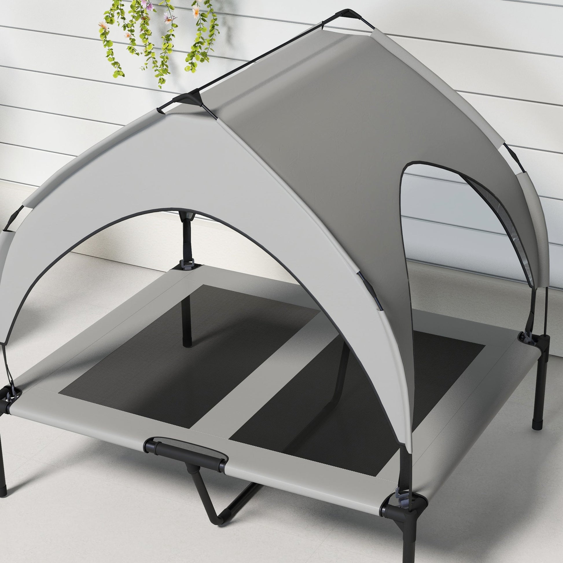Elevated Dog Bed with Canopy, Cooling Dog Cot Bed for Camping, Portable Raised Pet Cot with Washable Breathable Mesh, for Indoor Outdoor, M & L Dogs, 36" x 30" x 35", Grey
