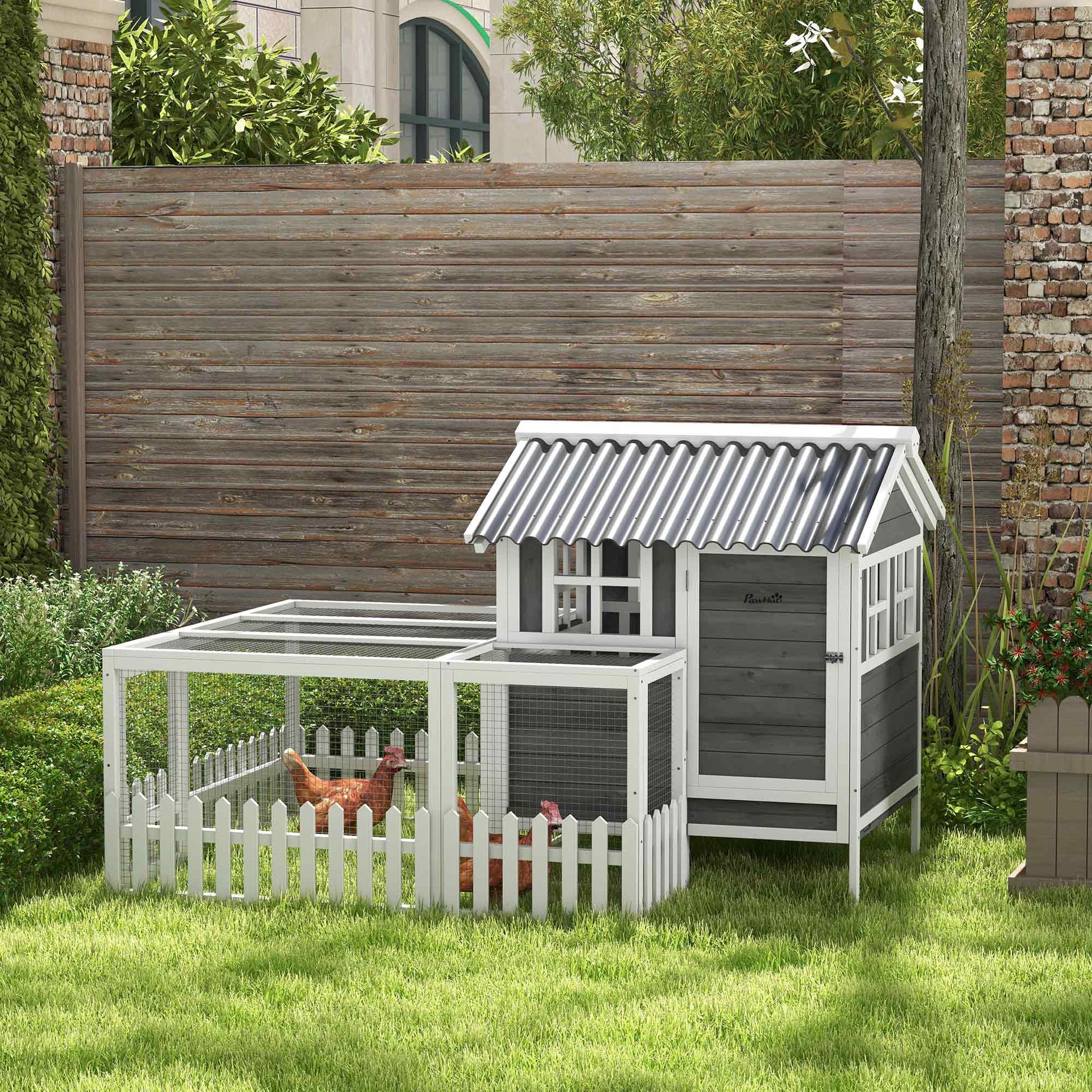 68" Wooden Chicken Coop, Outdoor Rabbit Hutch with Run, Tray, Nesting Box, Removable Tray, Fence for 3-4 Chicken, Bunnies, Ducks, Charcoal Grey