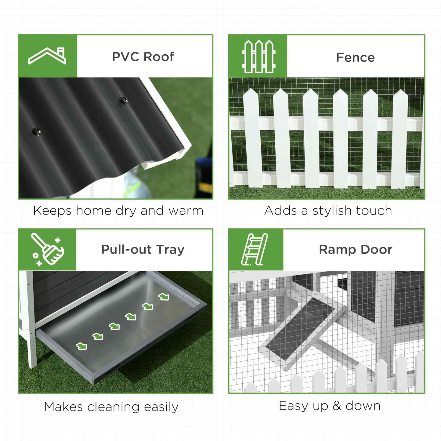 68" Wooden Chicken Coop, Outdoor Rabbit Hutch with Run, Tray, Nesting Box, Removable Tray, Fence for 3-4 Chicken, Bunnies, Ducks, Charcoal Grey