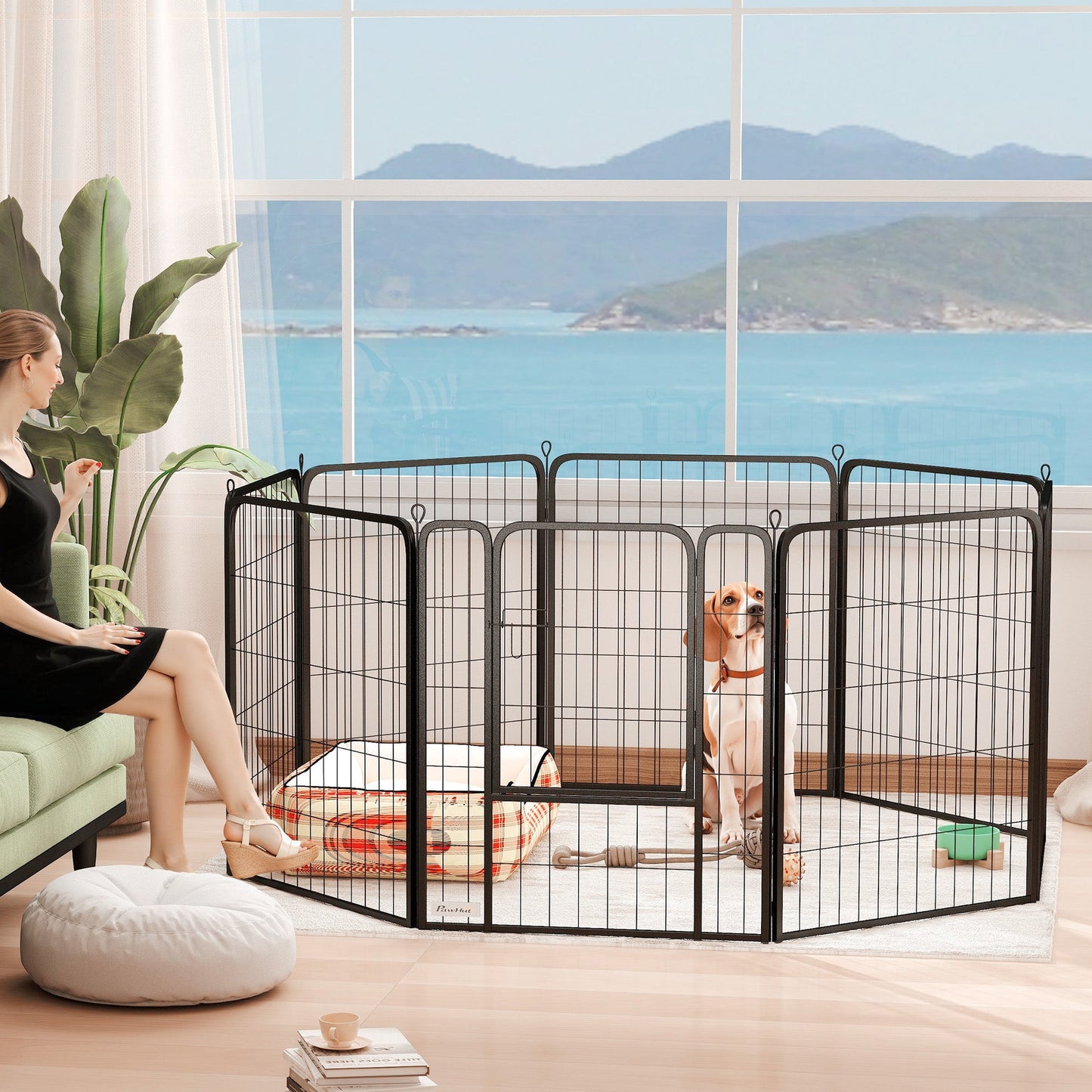 8 Panels Dog Playpen, 27"W x 31.5"H Heavy Duty Pet Fence with Door & Strap for Indoor Outdoor Backyard Garden, Portable & Foldable Puppy Pet Pen for Medium Dogs