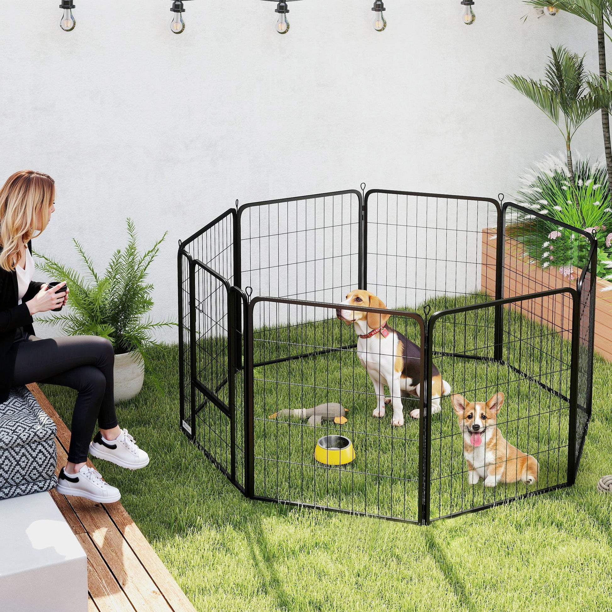 8 Panels Dog Playpen, 27"W x 31.5"H Heavy Duty Pet Fence with Door & Strap for Indoor Outdoor Backyard Garden, Portable & Foldable Puppy Pet Pen for Medium Dogs