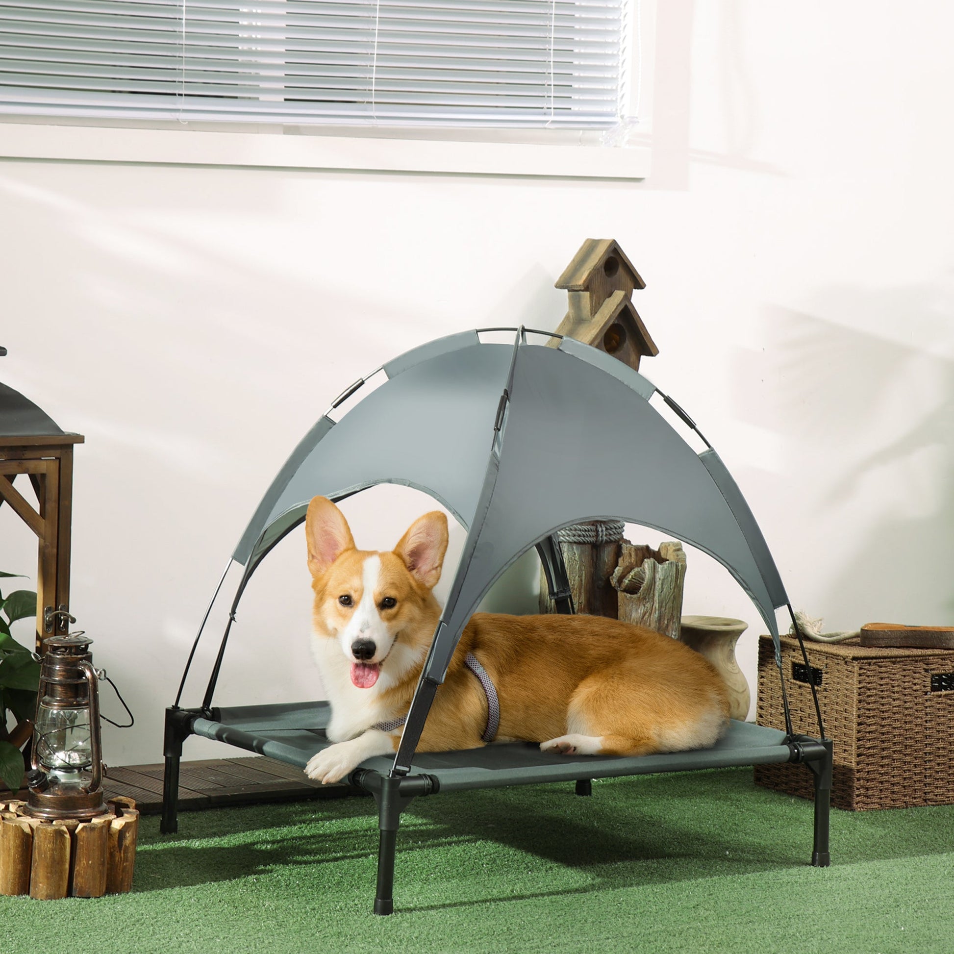 Elevated Dog Bed with Canopy, Portable Raised Dog Cot for M Sized Dogs, Indoor & Outdoor, 30" x 24" x 29", Grey