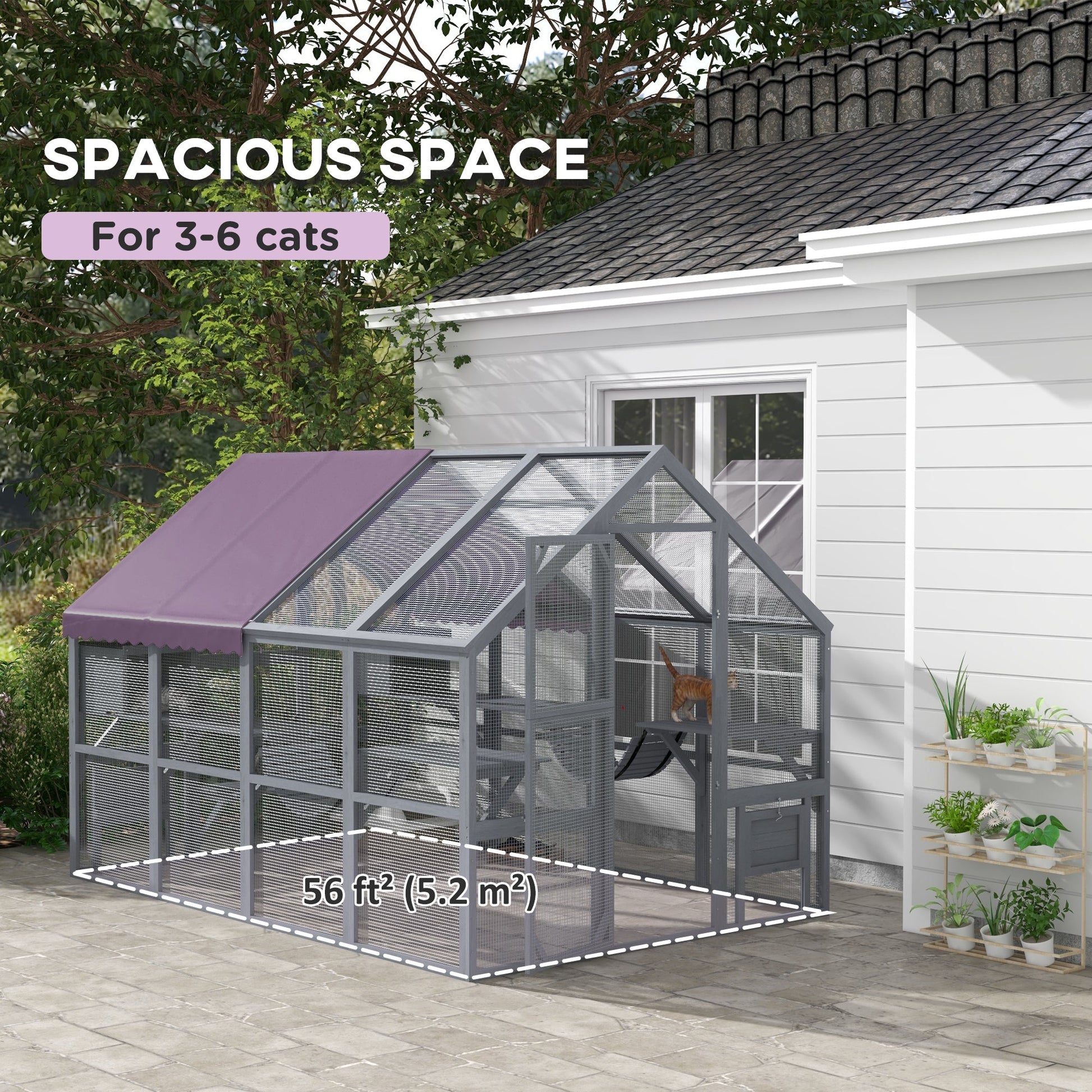 Catio Outdoor Cat Enclosure Wooden Feral House with Weatherproof Canopy, Bridges, Resting Boxes, Platforms, for 3-6 Cats, Grey