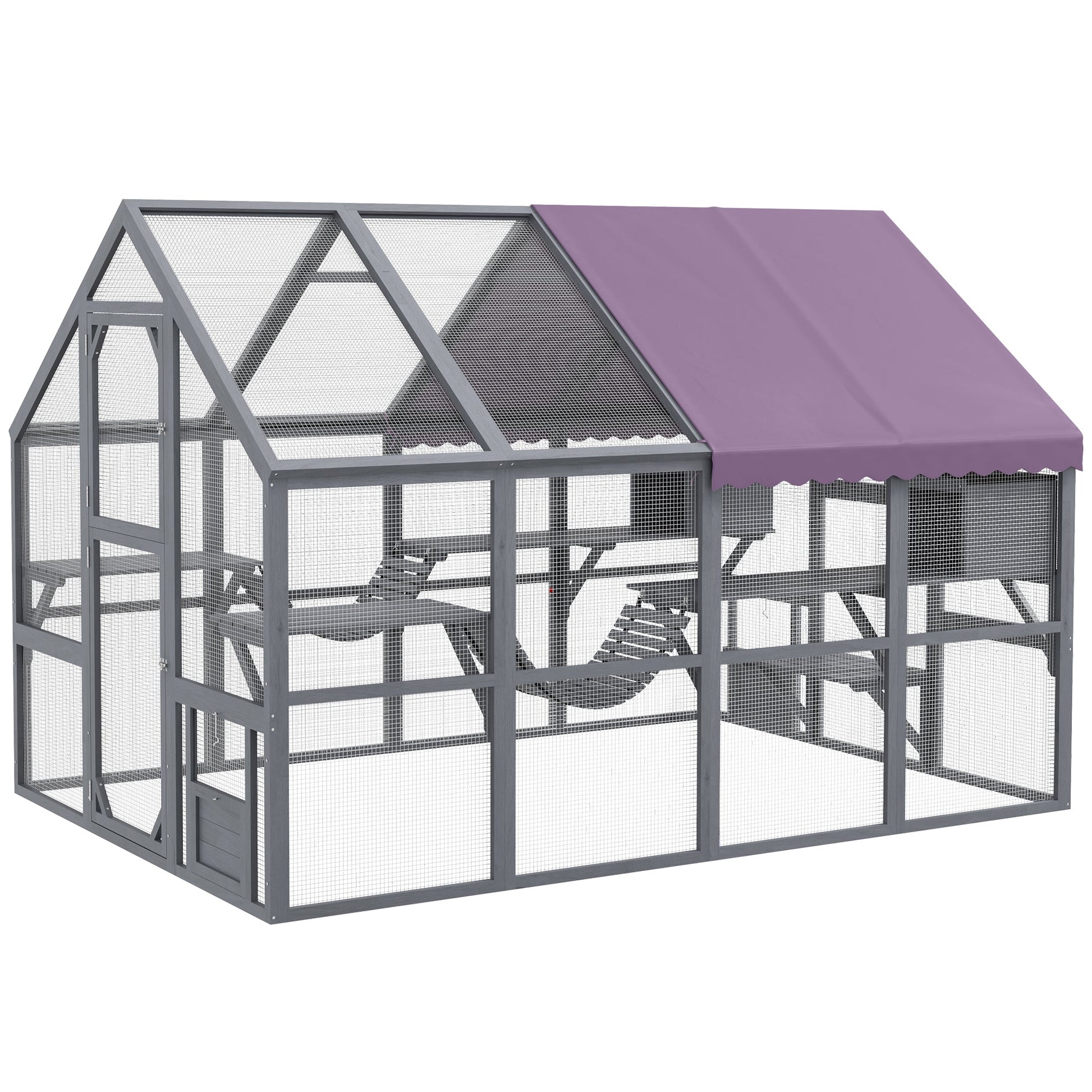 Catio Outdoor Cat Enclosure Wooden Feral House with Weatherproof Canopy, Bridges, Resting Boxes, Platforms, for 3-6 Cats, Grey