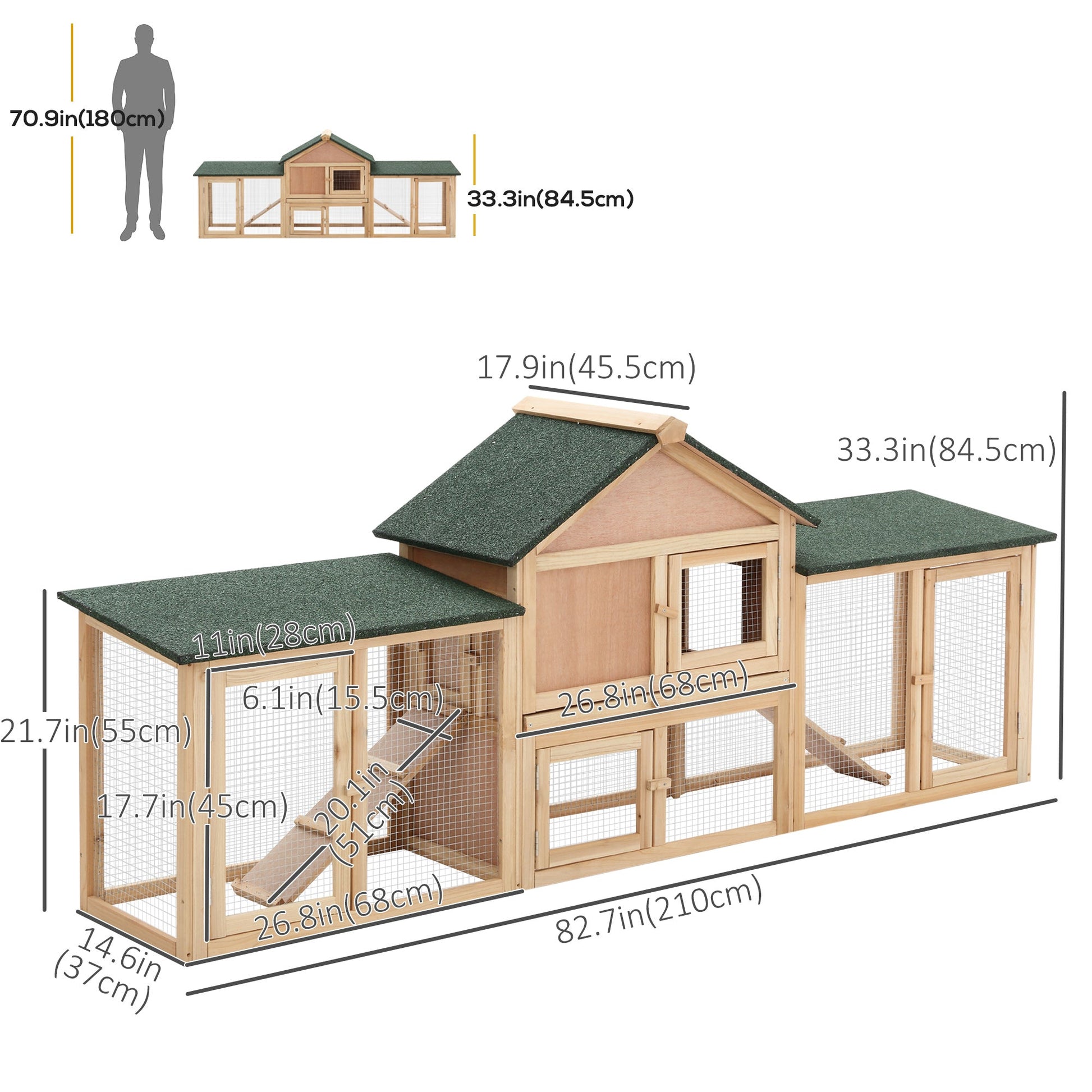 Large Rabbit Hutch Wood Bunny Cage Outdoor Guinea Pig House with Double Runs Slide Out Tray Ramps, 83"x18"x33", Natural