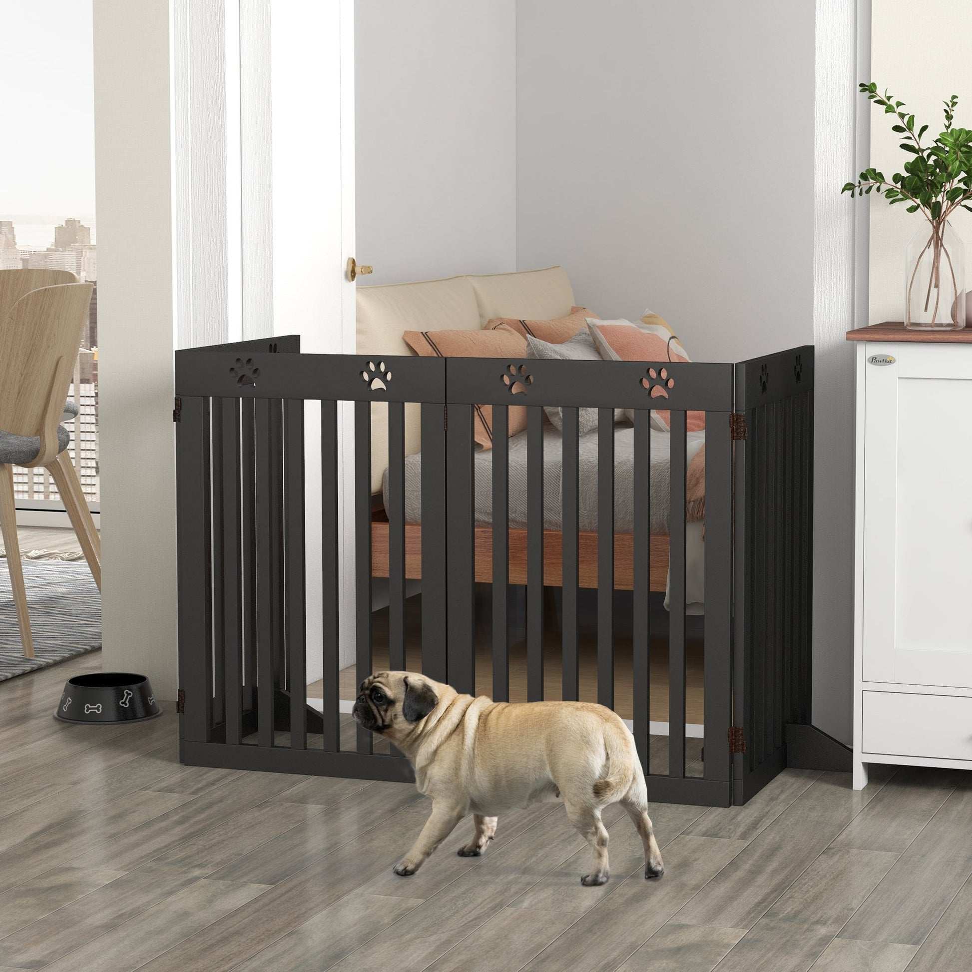 Freestanding Pet Gate 4 Panel Dog Barrier Folding Safety Fence with Support Feet up to 80.25" Long 29.5" Tall for Doorway Stairs Black