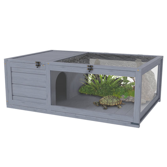 Wood Tortoise House Indoor Outdoor Turtle Habitat Reptile Cage for Lizards, Geckos, 35.8" x 23.8" x 12.6", Grey