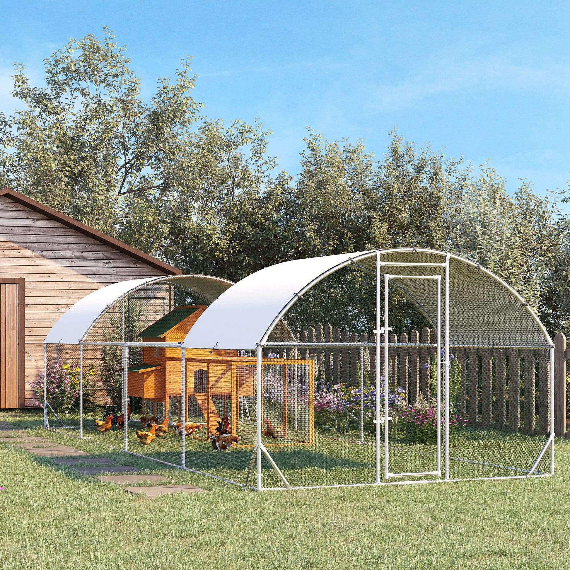 Chicken Run, 24.9' x 9.2' Metal Chicken Coop with Waterproof and Anti-UV Cover, Door for 20-24 Chickens, Ducks, Rabbits, Sliver