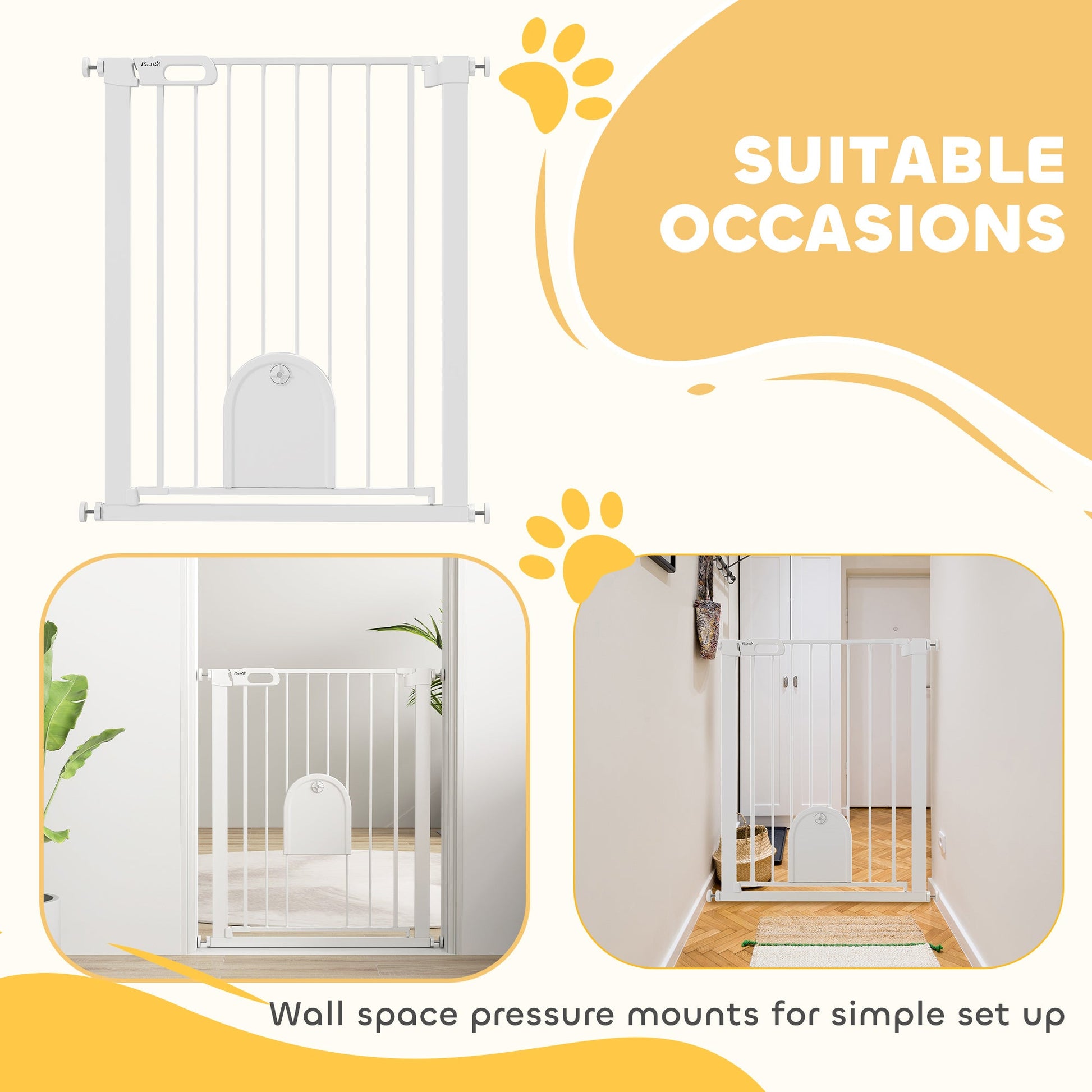 30"-32" Extra Wide Pet Gate with Small Door, 35"H Dog Gate with Safety Gate Barrier, Stair Pressure Fit, Auto Close, Double Locking, for Doorways, Hallways, White