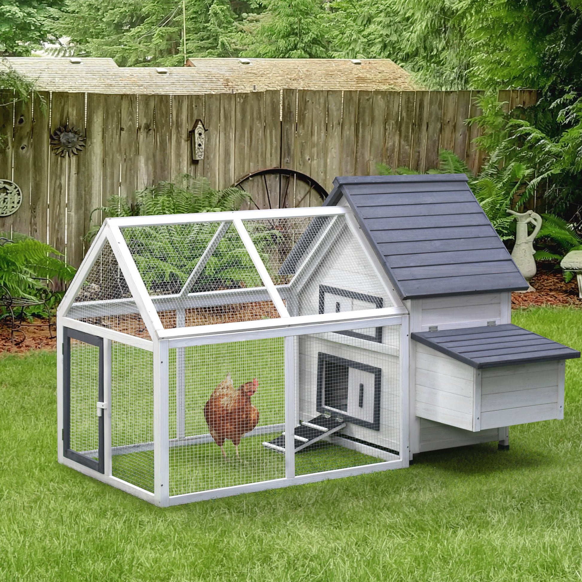 65" Chicken Coop Wooden Hen House Rabbit Hutch Poultry Cage Pen Outdoor Backyard with Nesting Box, Ramp, Run, and Ladder
