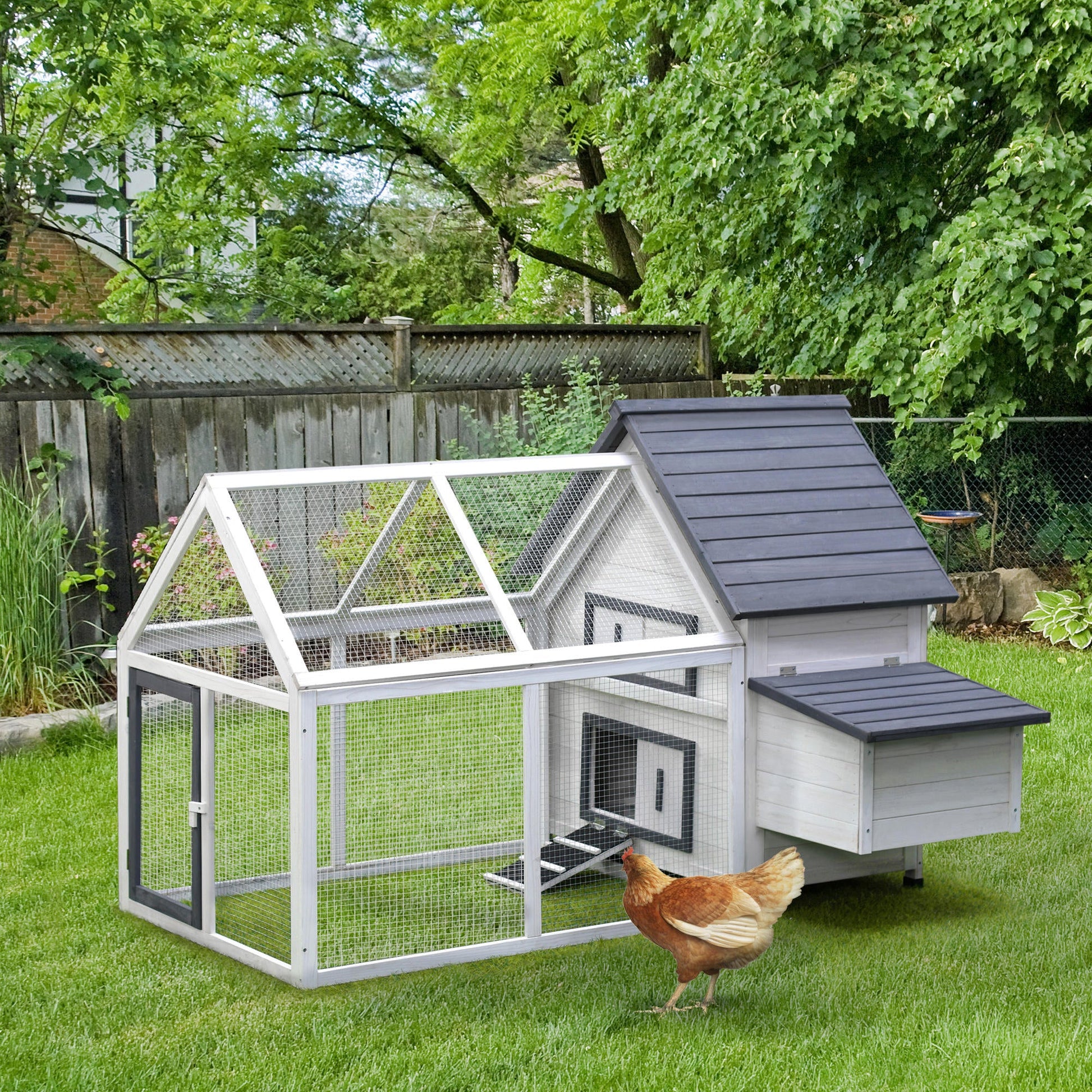 65" Chicken Coop Wooden Hen House Rabbit Hutch Poultry Cage Pen Outdoor Backyard with Nesting Box, Ramp, Run, and Ladder
