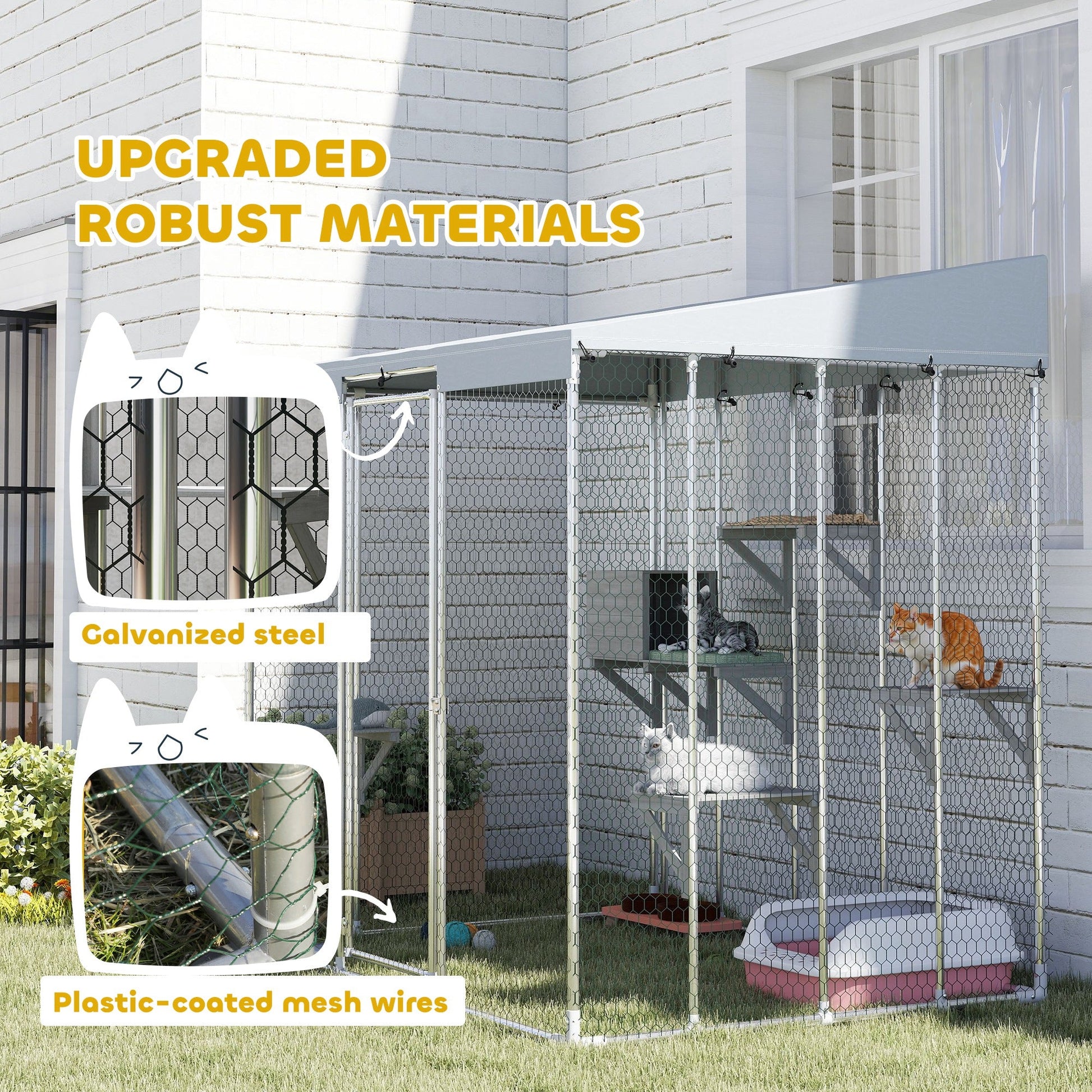 Catio Outdoor Cat Enclosure Large, 79" L Galvanized Steel Outdoor Cat House with 420D Waterproof Canopy, Multiple Platforms, Resting Condo, Lockable Door, for 1-3 Large Cats