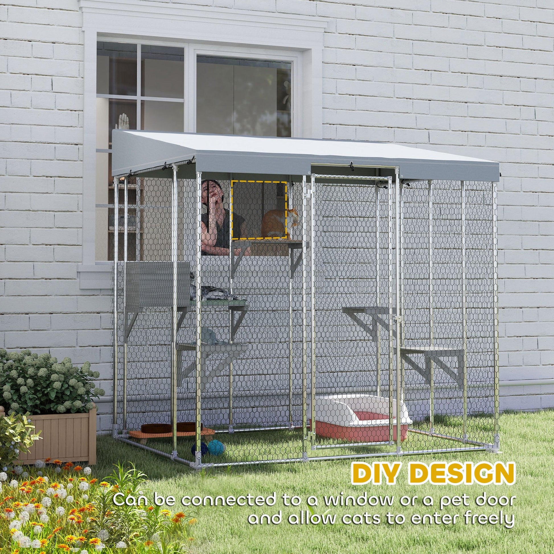 Catio Outdoor Cat Enclosure Large, 79" L Galvanized Steel Outdoor Cat House with 420D Waterproof Canopy, Multiple Platforms, Resting Condo, Lockable Door, for 1-3 Large Cats