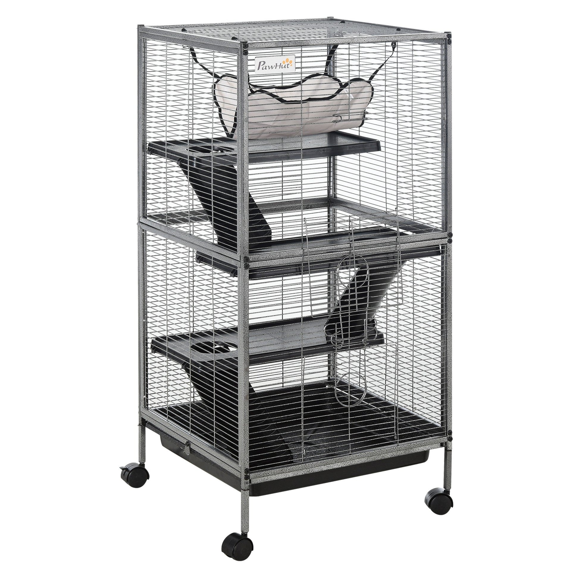 4-Tier Rolling Small Animal Cage, Deluxe Guinea Pig Cage, Ferret Cage for Mink Chinchilla Kitten Rabbit, Small Pet Play House with Hammock Platform, Ramp, Removable Tray, Silver Grey