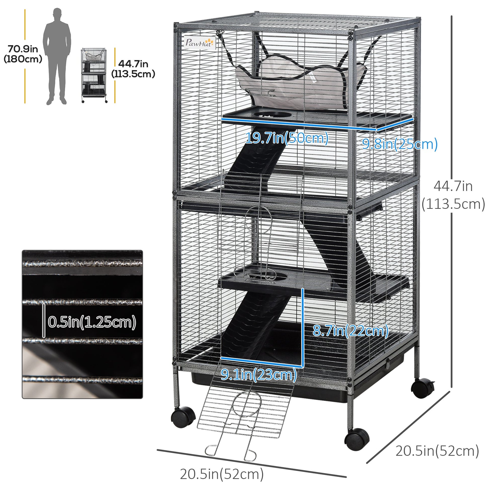 4-Tier Rolling Small Animal Cage, Deluxe Guinea Pig Cage, Ferret Cage for Mink Chinchilla Kitten Rabbit, Small Pet Play House with Hammock Platform, Ramp, Removable Tray, Silver Grey