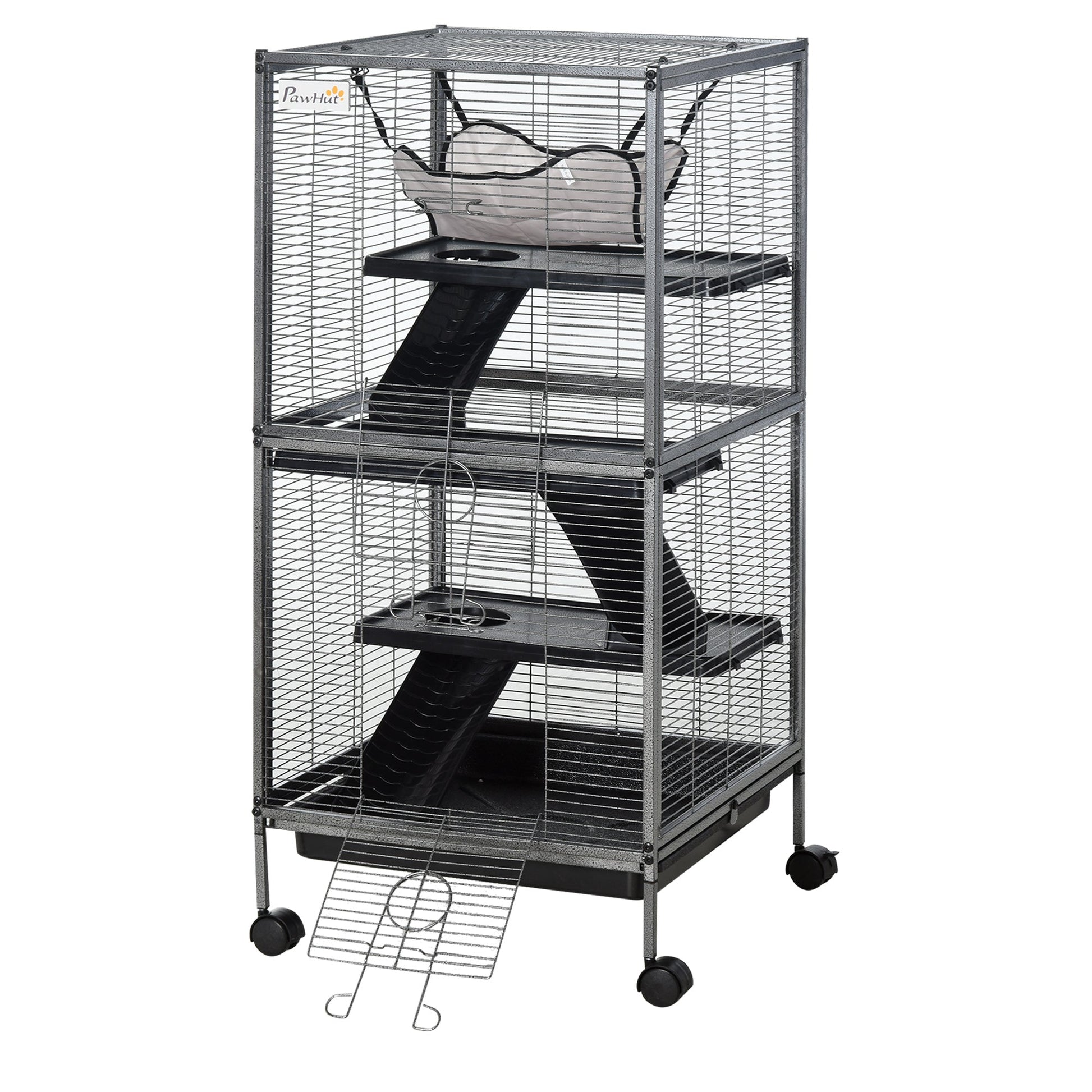 4-Tier Rolling Small Animal Cage, Deluxe Guinea Pig Cage, Ferret Cage for Mink Chinchilla Kitten Rabbit, Small Pet Play House with Hammock Platform, Ramp, Removable Tray, Silver Grey