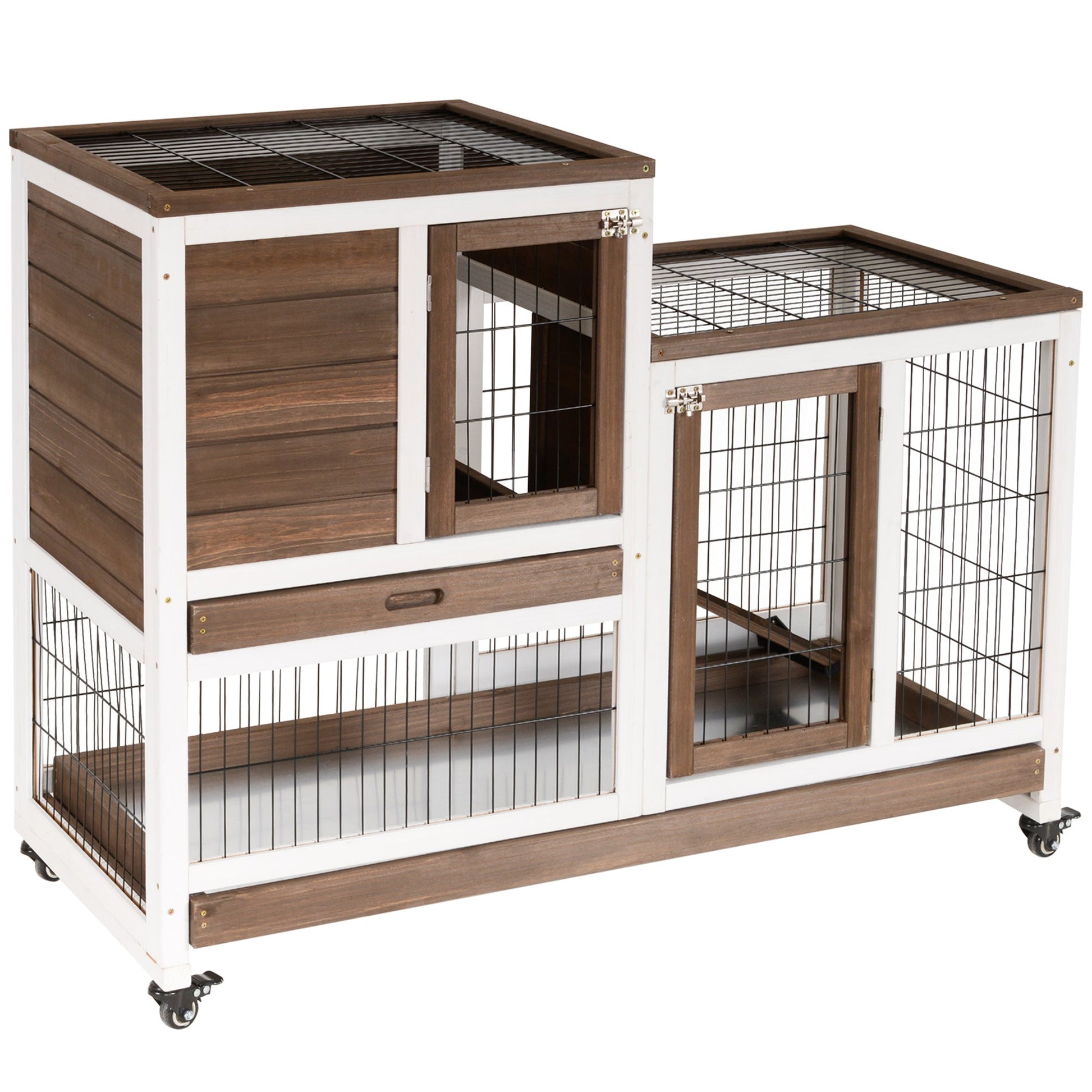 Rabbit Hutch Indoor Bunny Cage Guinea Pig House on Wheels with Run, Pull Out Trays, Brown and White