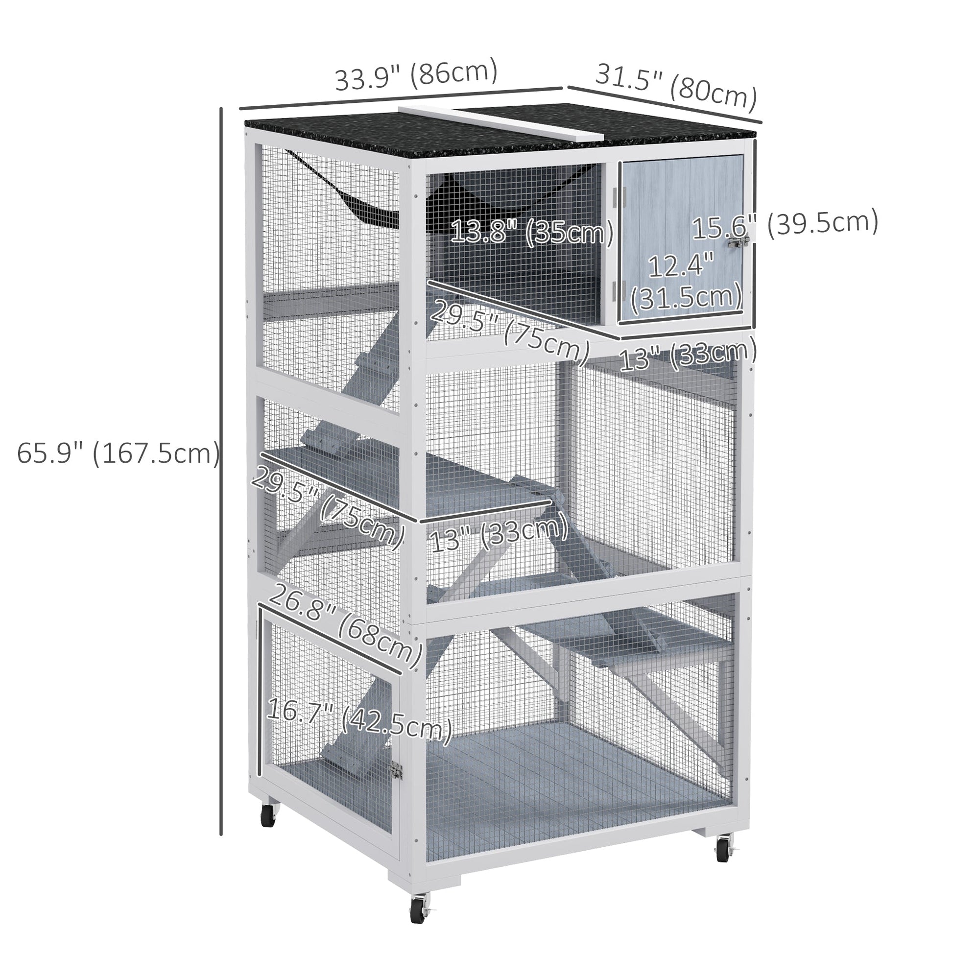 66"H Catio on Brake Wheel, Indoor Outdoor Cat Enclosure Cage with Weatherproof Roof Hammock Multiple Platforms Resting Condo Ramps Lockable Doors, for 1-3 Cats, Grey