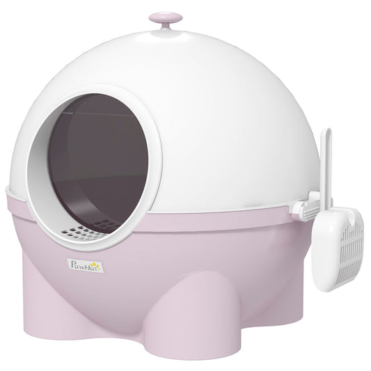 Cat Litter Box with Lid, Enclosed Kitty Litter Box with Scoop, Leaking Sand Pedal, Top Handle, Pink