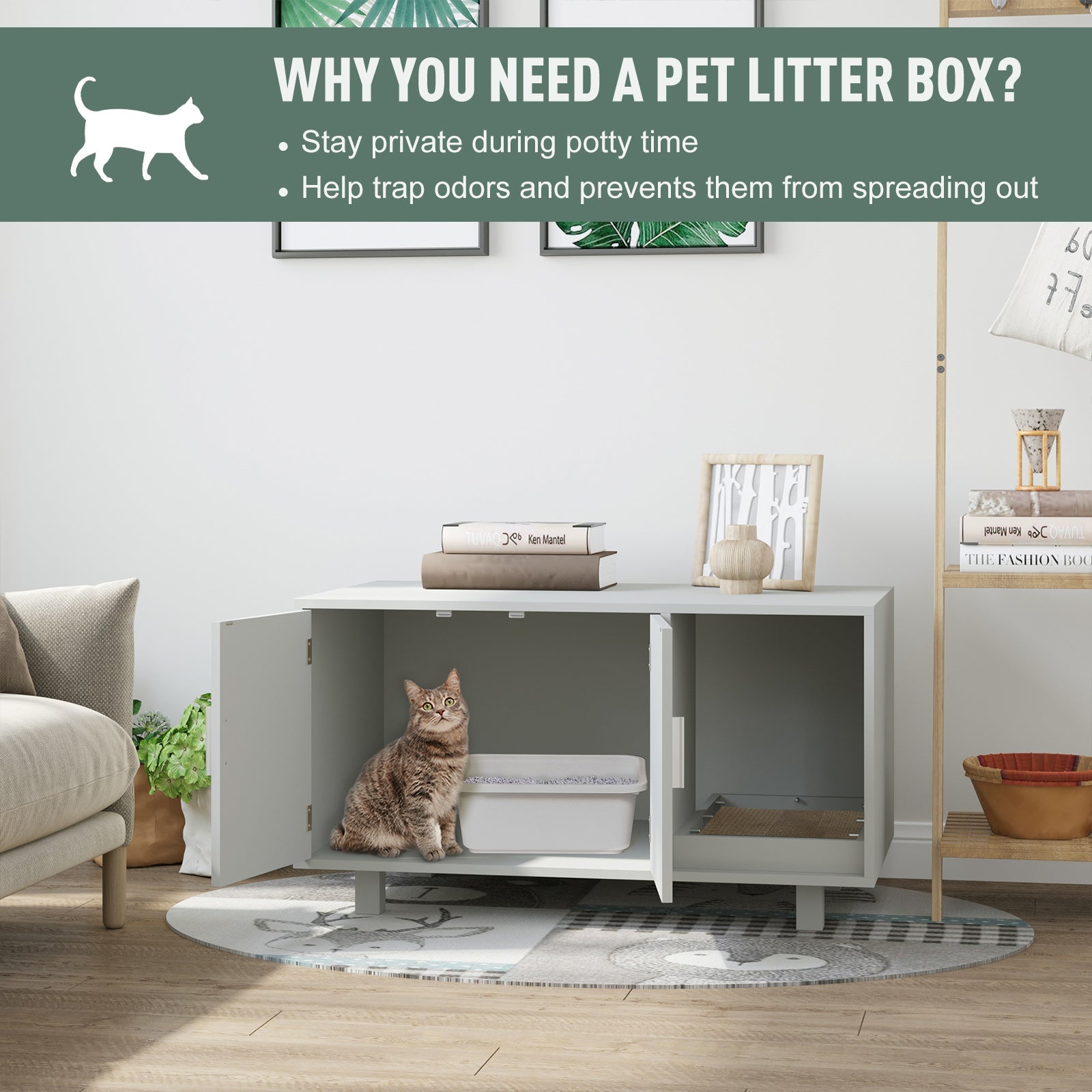 Cat Litter Box Enclosure, Hidden Litter Box Furniture, Cat House End Table Washroom with Scratching Pad, for Indoor Cats Kittens, Grey