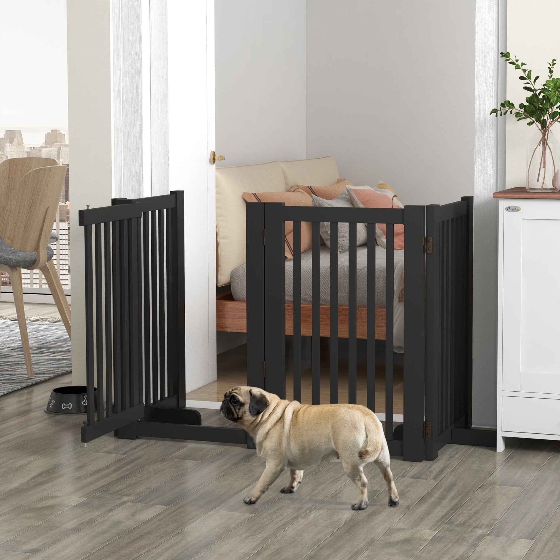 30"H Foldable Dog Gate with Door, 4 Panels Freestanding Pet Gate Barriers Indoor with Support Feet, Puppy Fence for Dogs, Light Grey